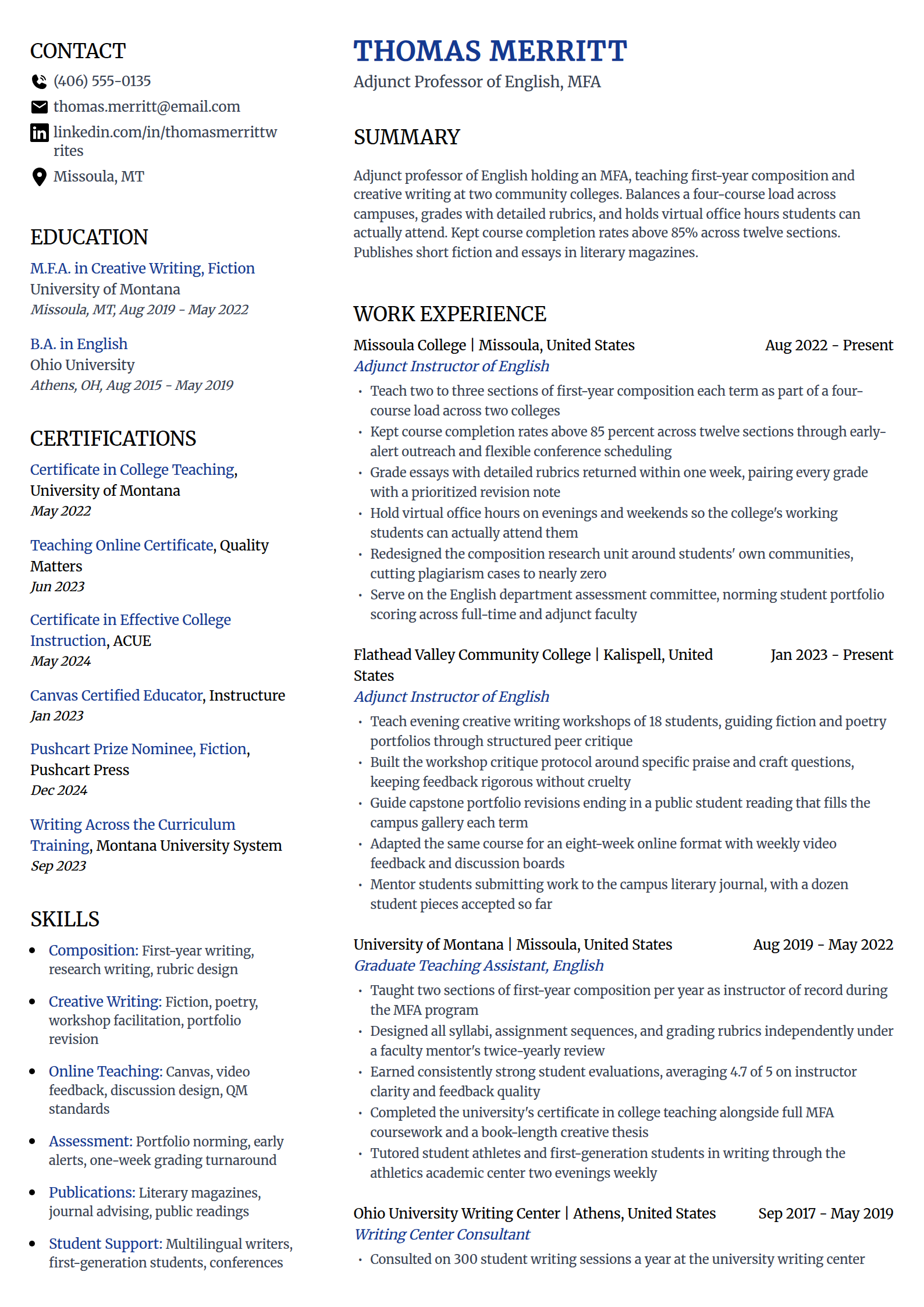 Adjunct professor resume example in the Voyage template