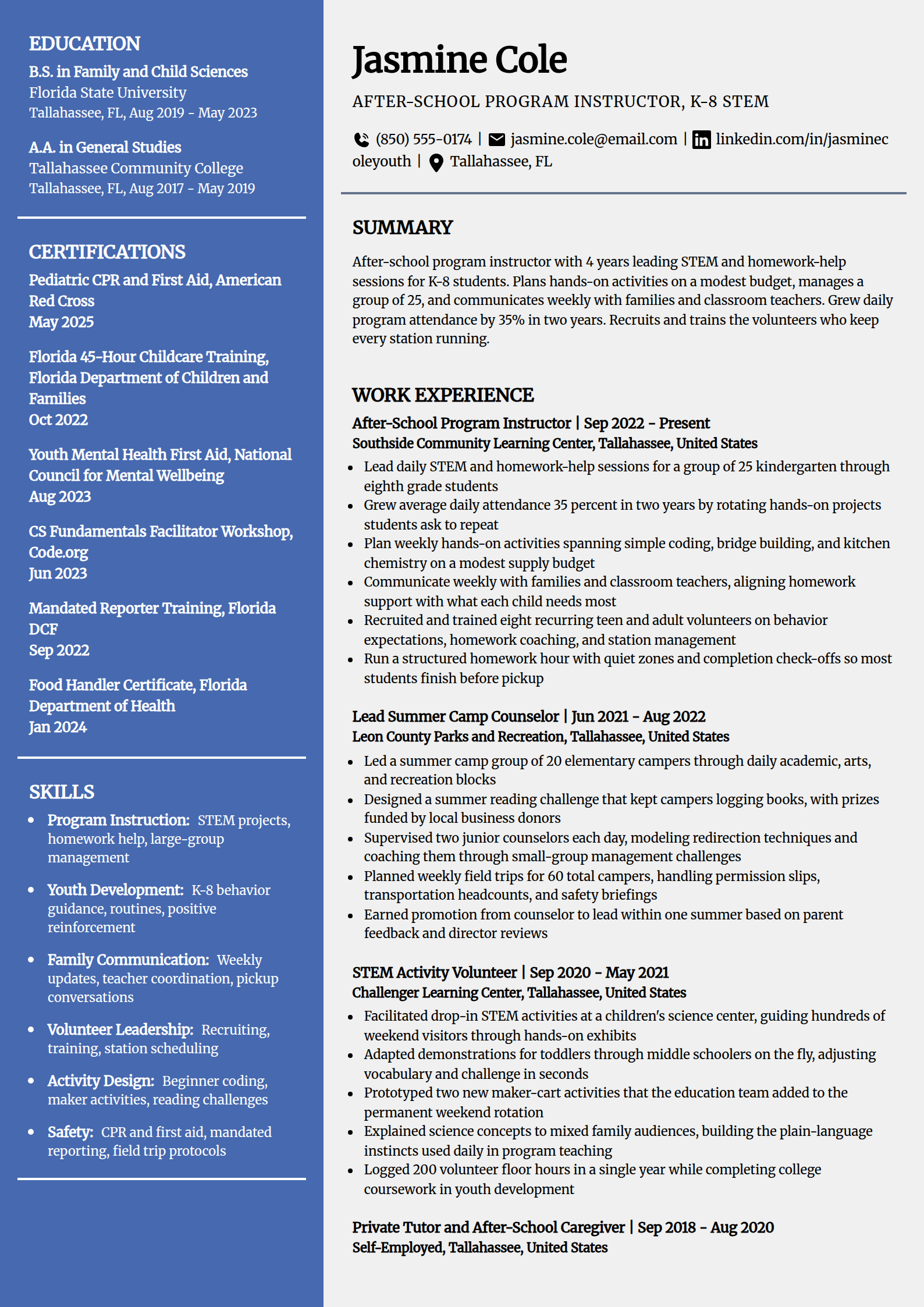 After-school program instructor resume example in the Innovative template