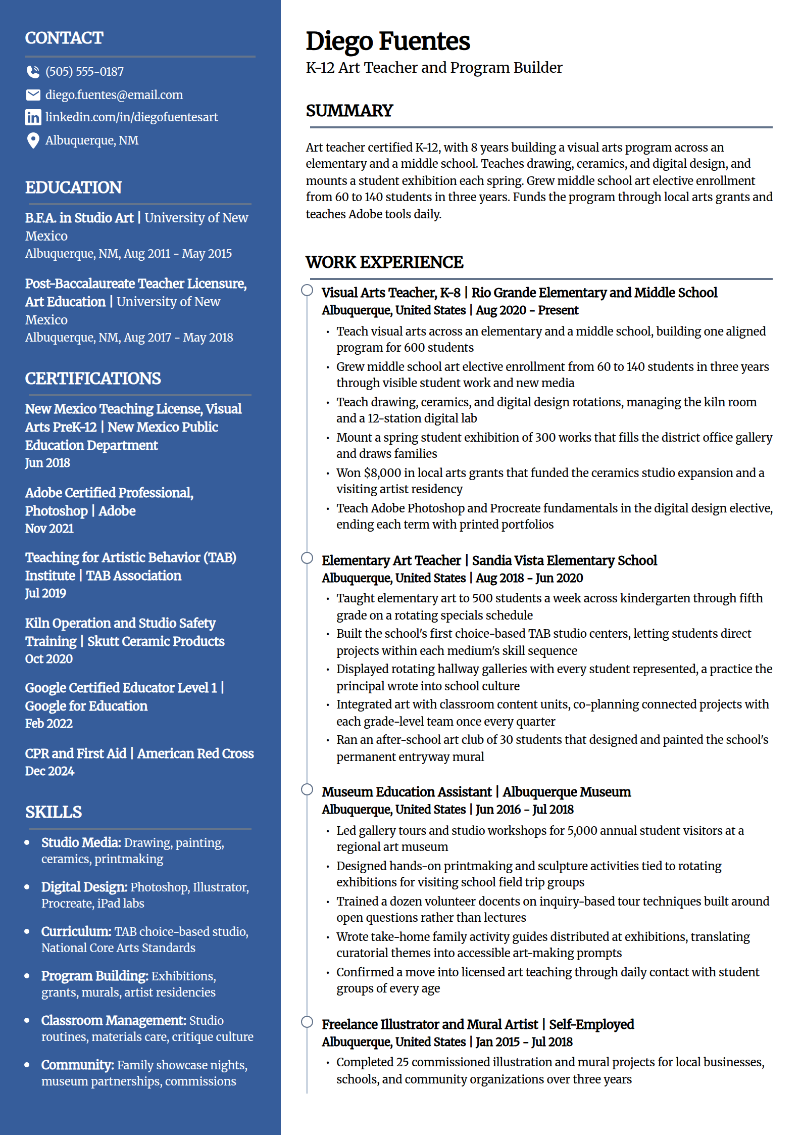 Art teacher resume example in the Creative template