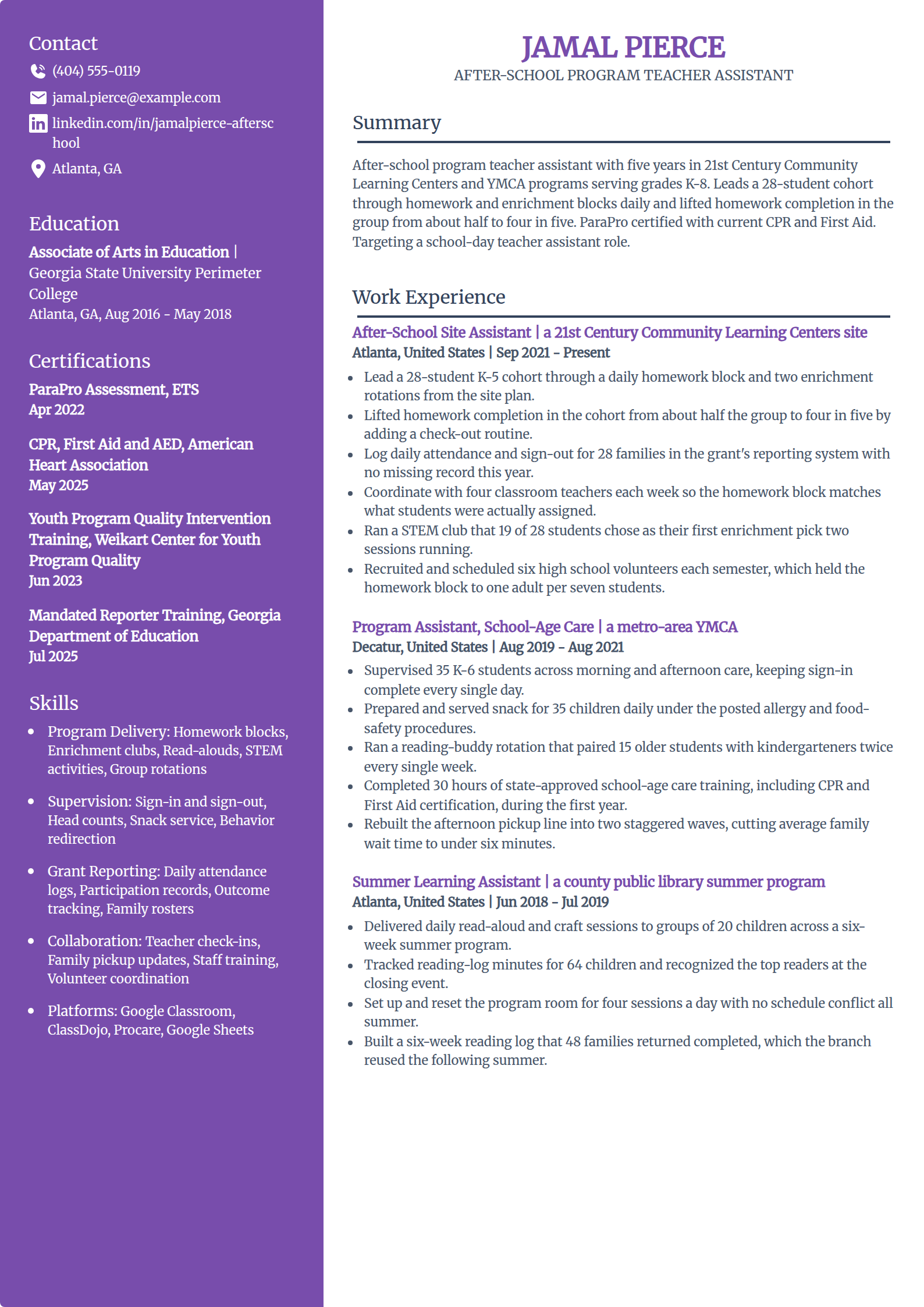 After-school program teacher assistant resume example in the Pioneer template