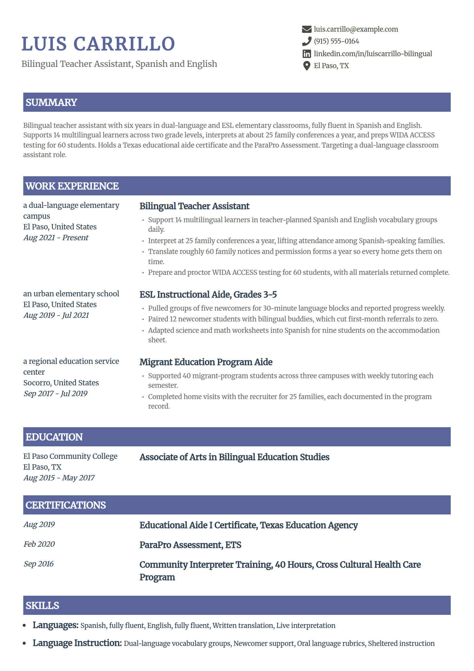 Bilingual teacher assistant resume example in the Catalyst template