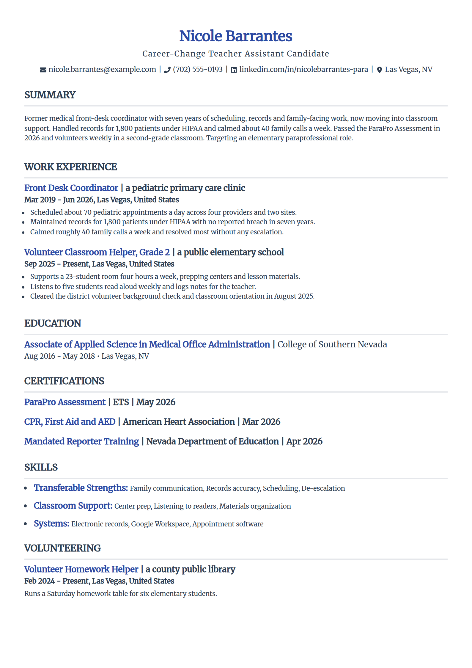 Career-change teacher assistant resume example in the Simple template