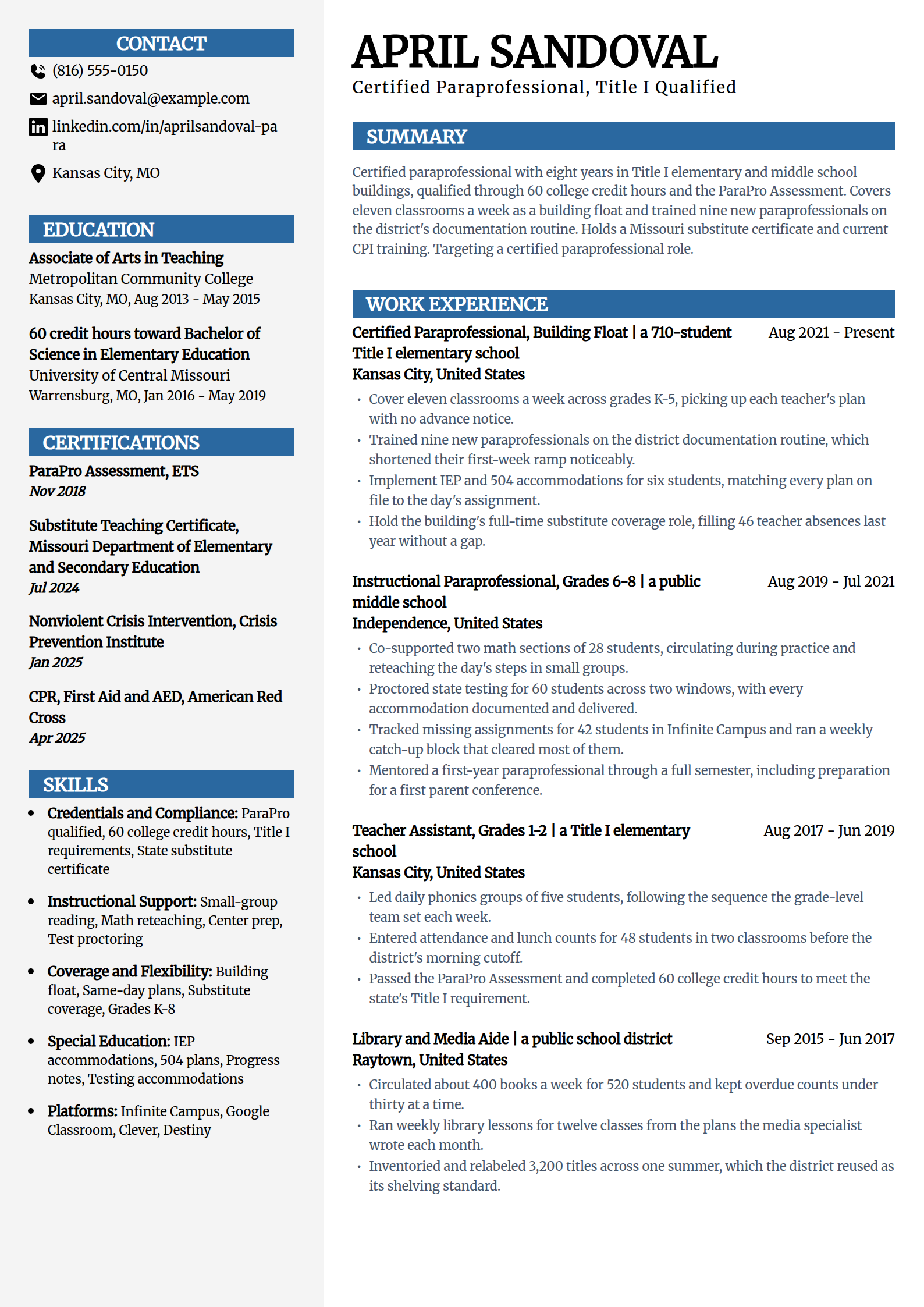 Certified paraprofessional resume example in the Mosaic template