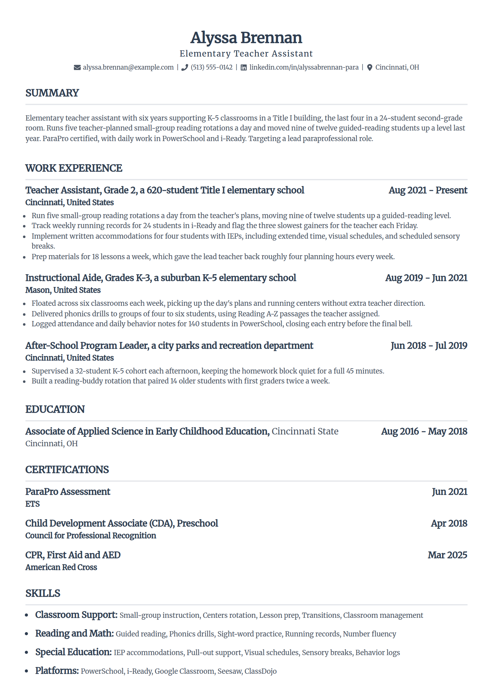 Elementary teacher assistant resume example in the Standard template
