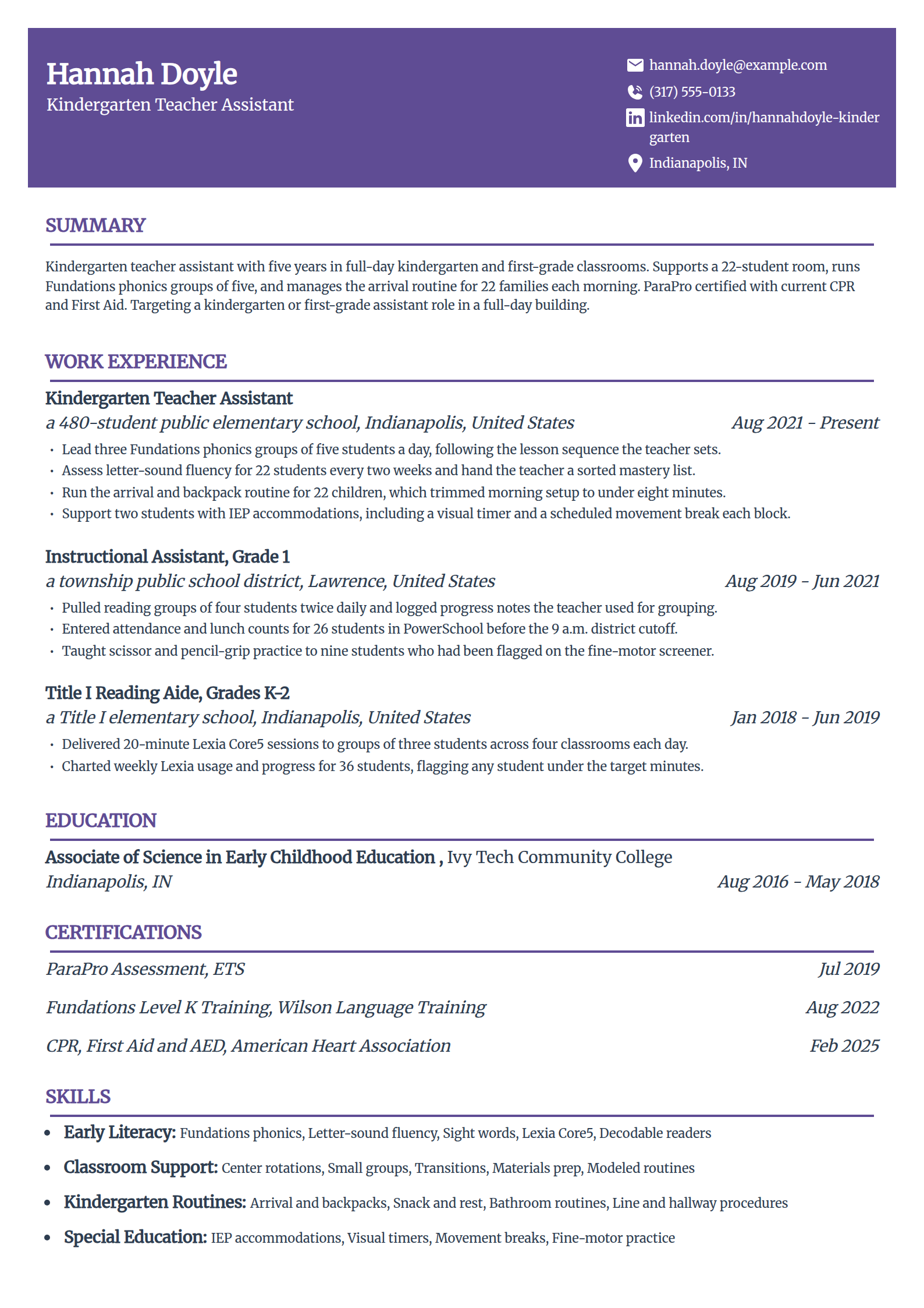 Kindergarten teacher assistant resume example in the Panorama template