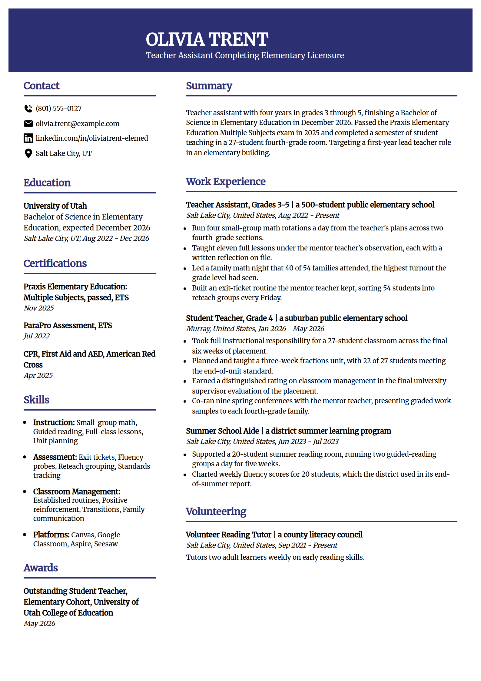 Teacher assistant moving into a lead teacher role resume example in the Visionary template