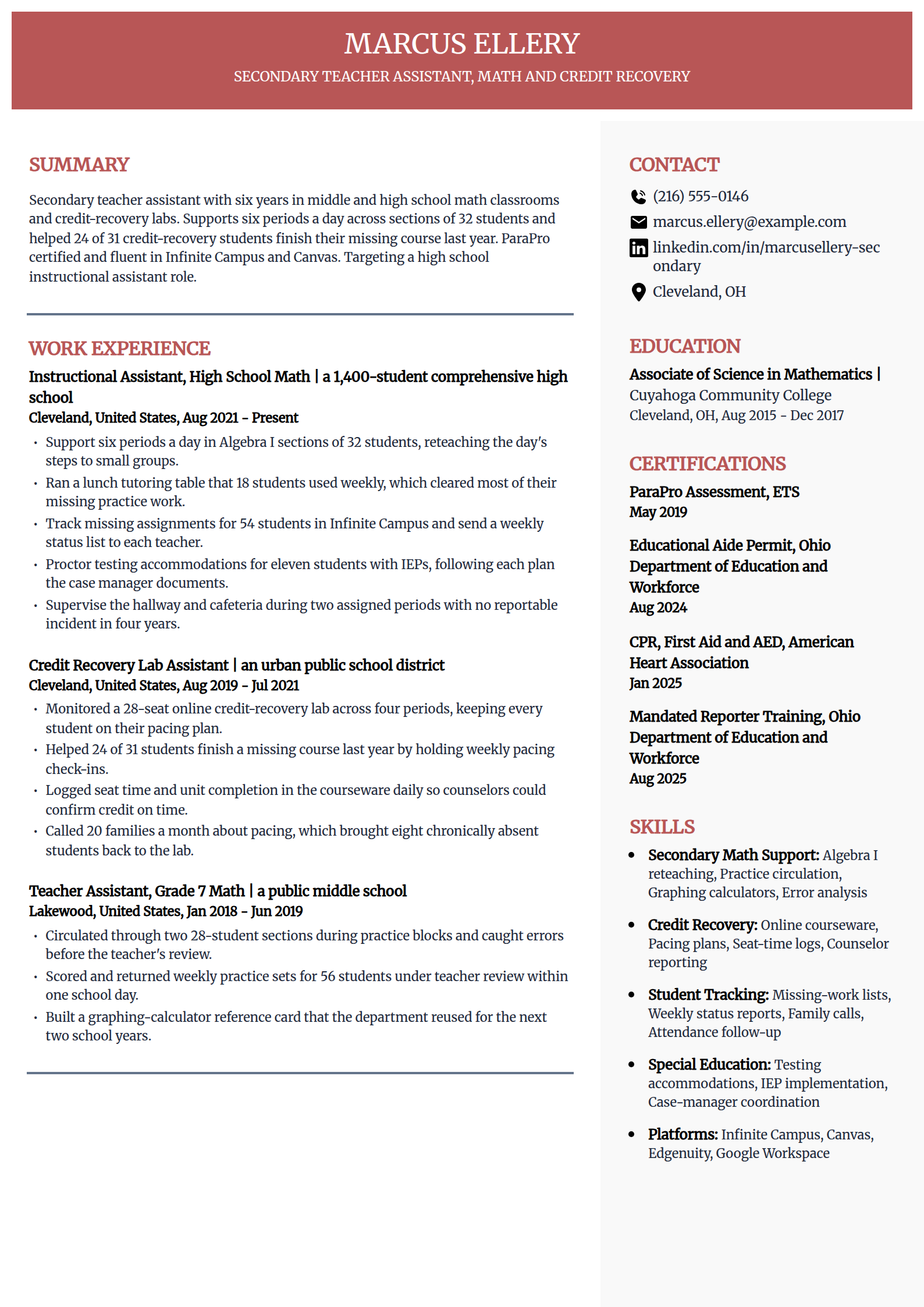 Middle and high school teacher assistant resume example in the Executive template
