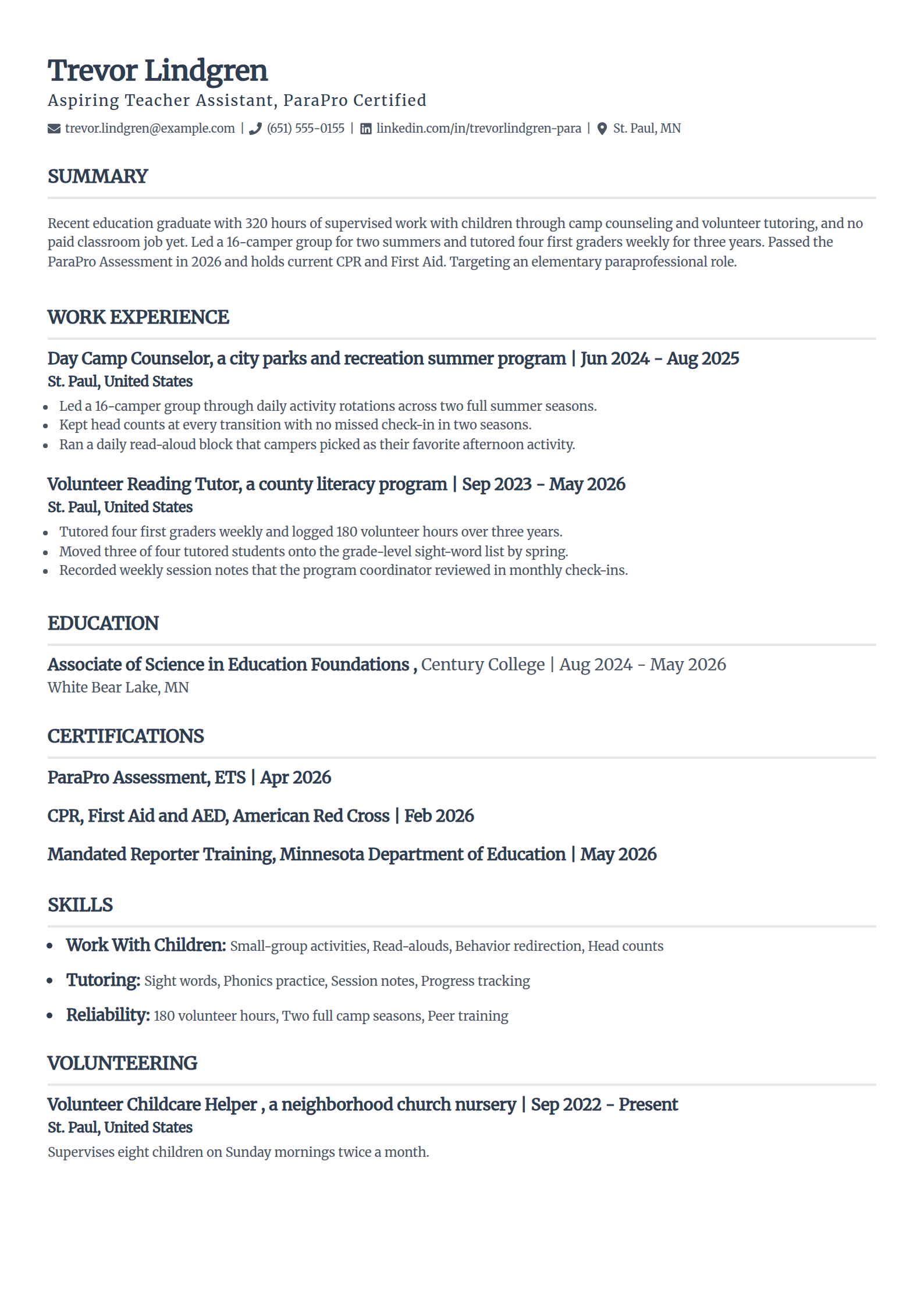 Teacher assistant with no classroom experience resume example in the Classic template