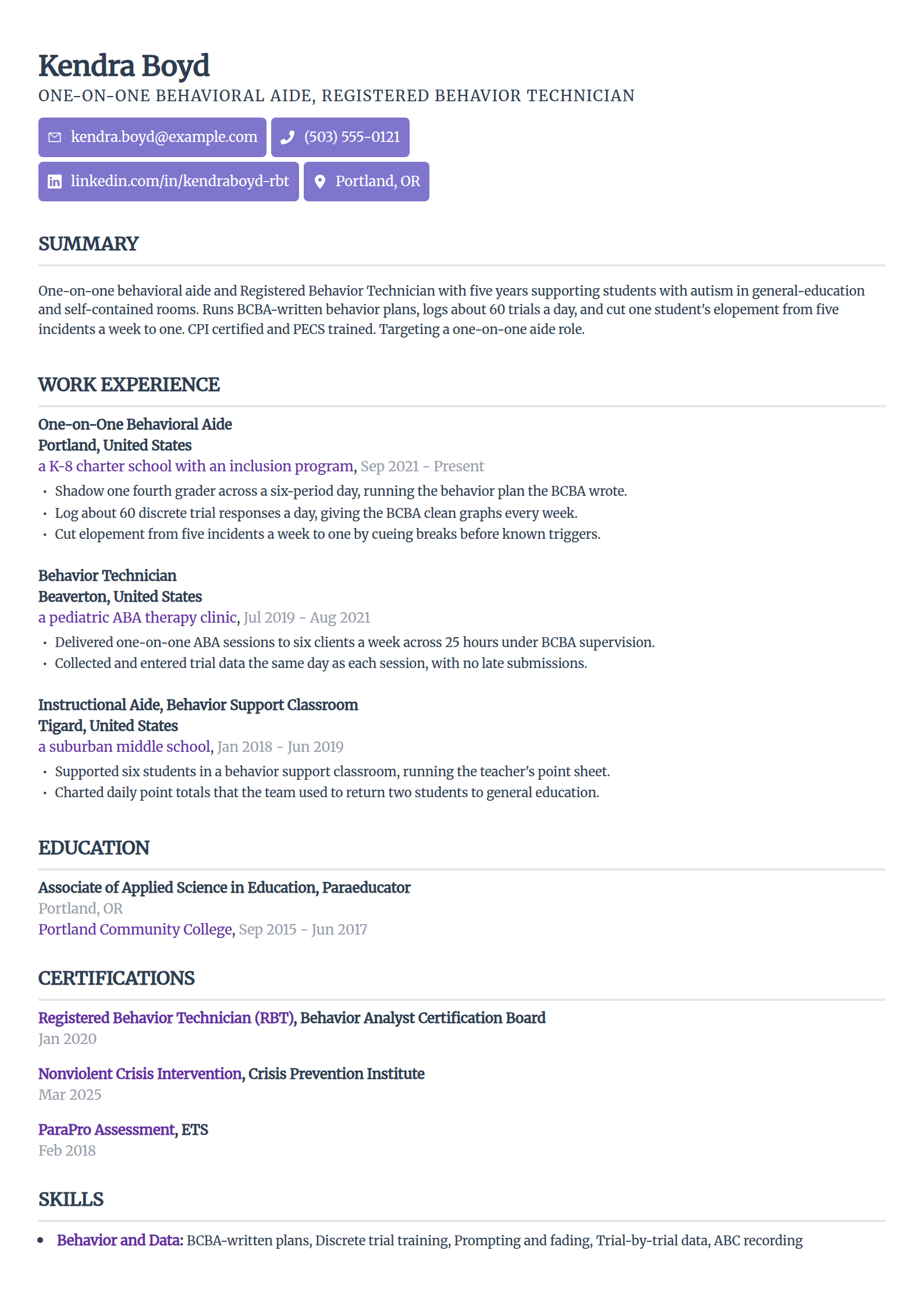 One-on-one behavioral aide resume example in the Sleek Framework template