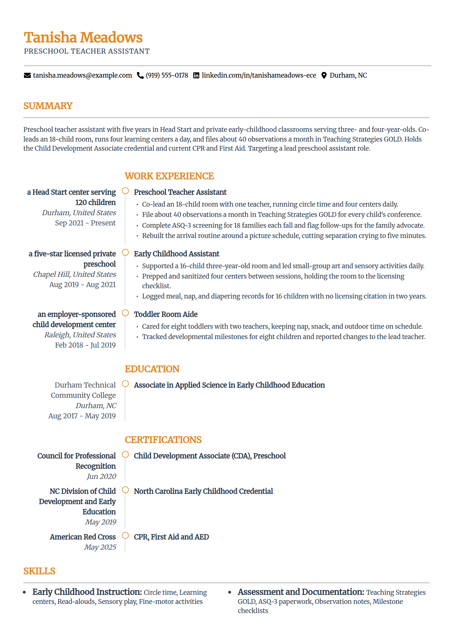 Preschool teacher assistant resume example in the Zenith template