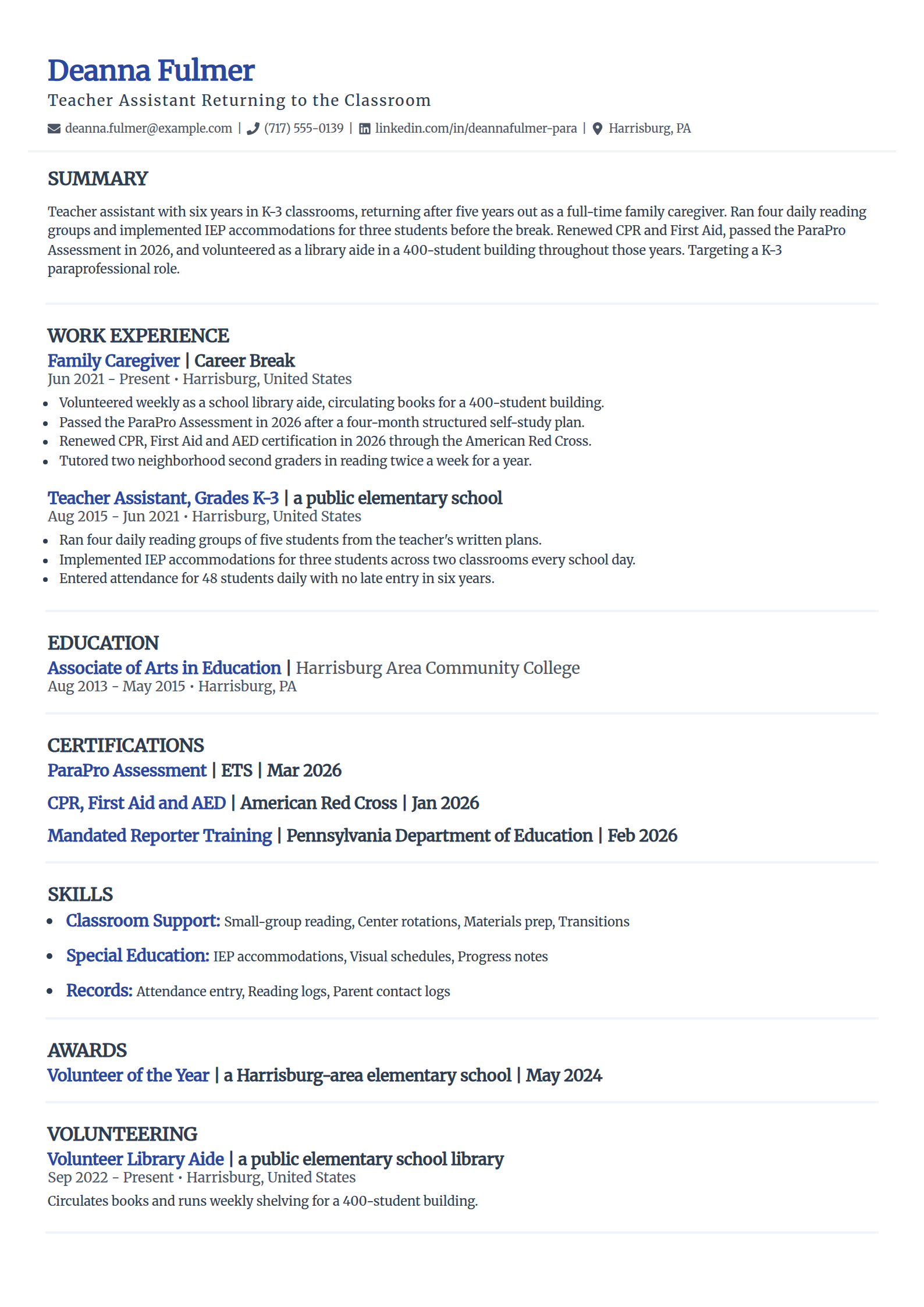 Teacher assistant returning after a career gap resume example in the Elegant template