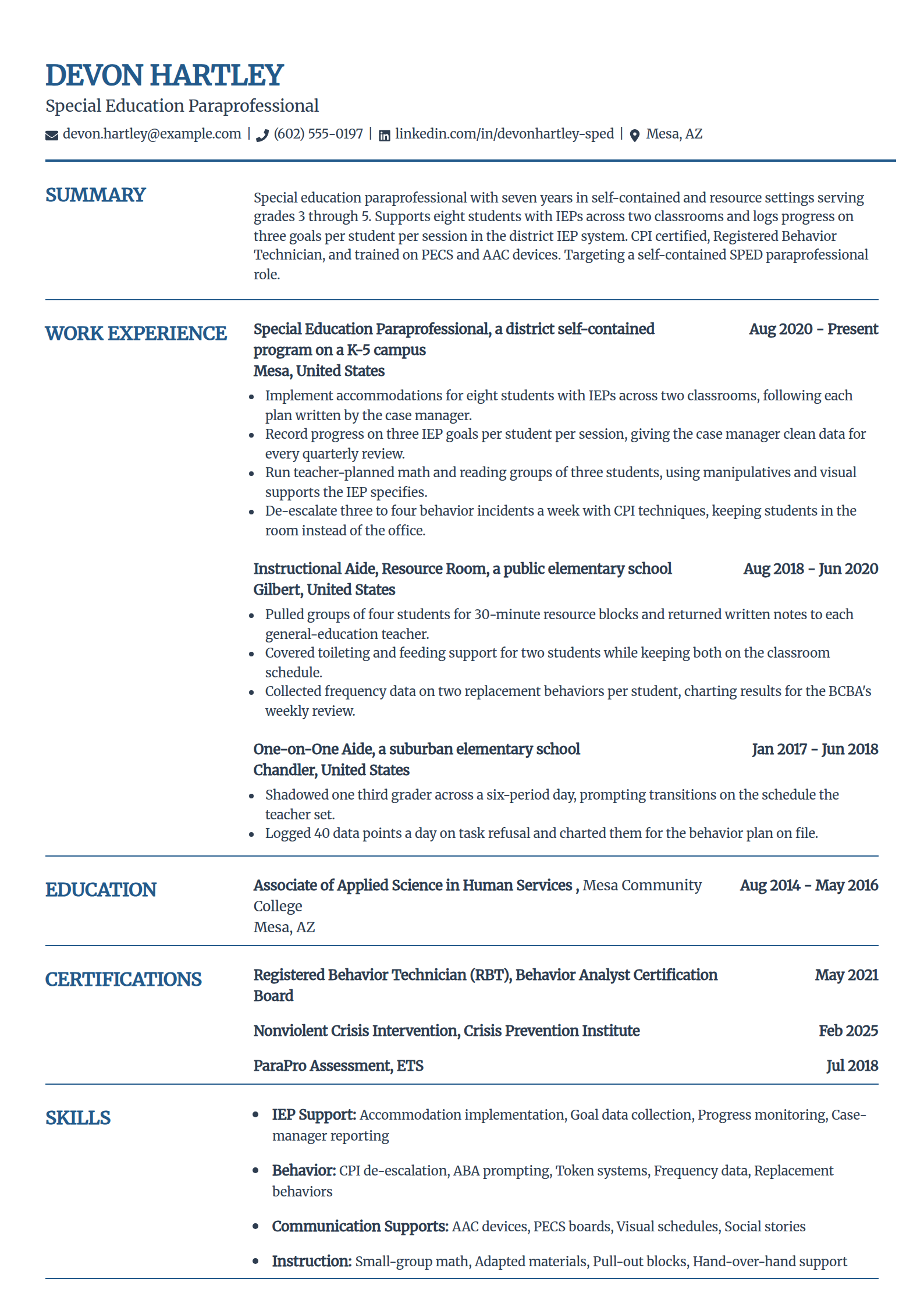 Special education teacher assistant resume example in the Craft template