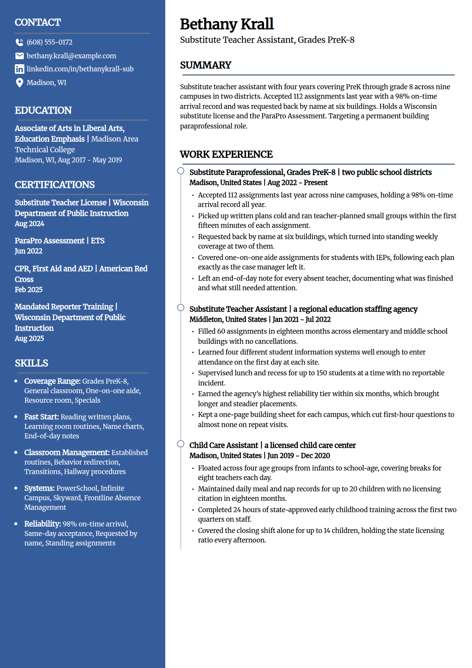 Substitute teacher assistant resume example in the Creative template