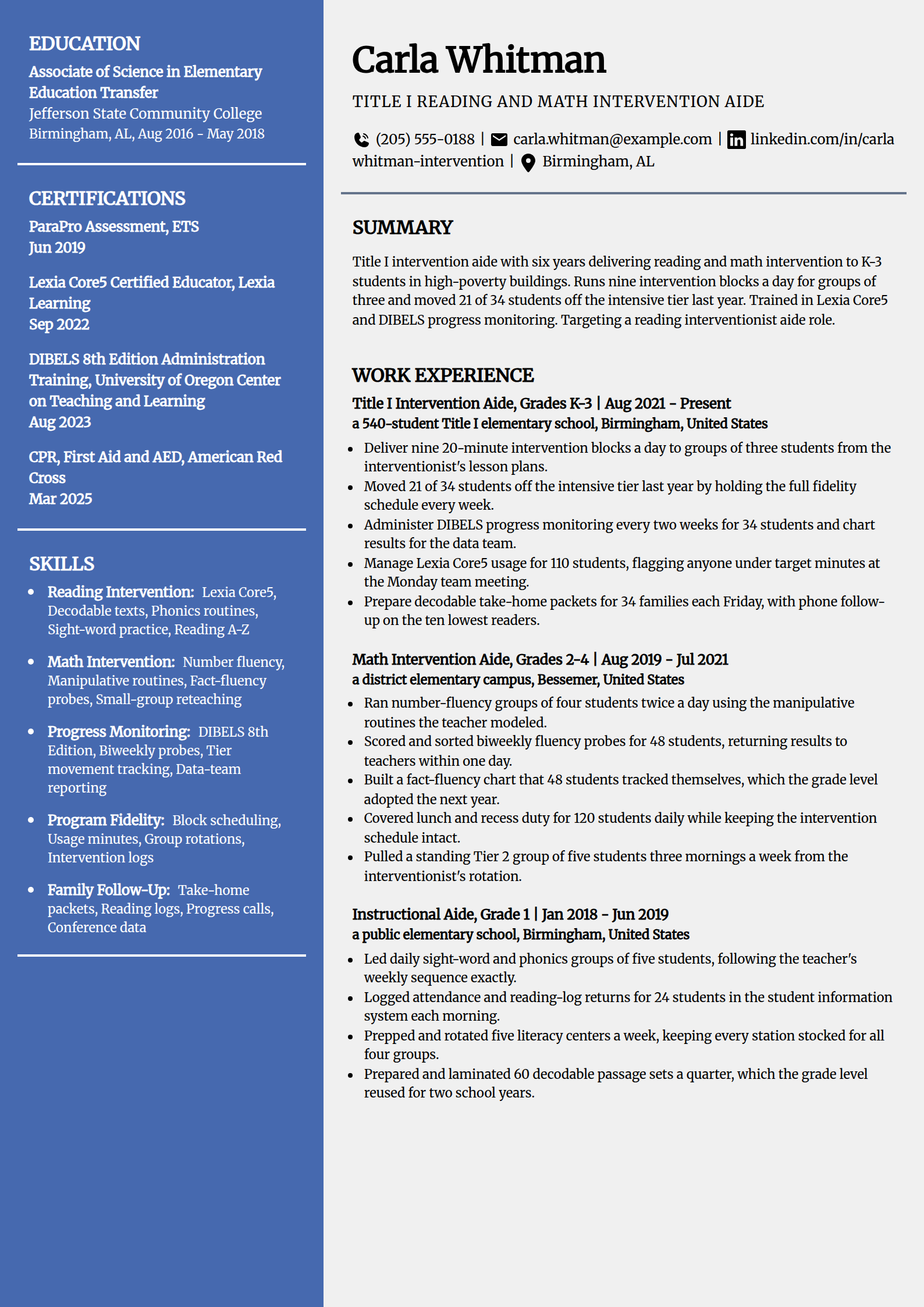 Title I reading and math intervention aide resume example in the Innovative template