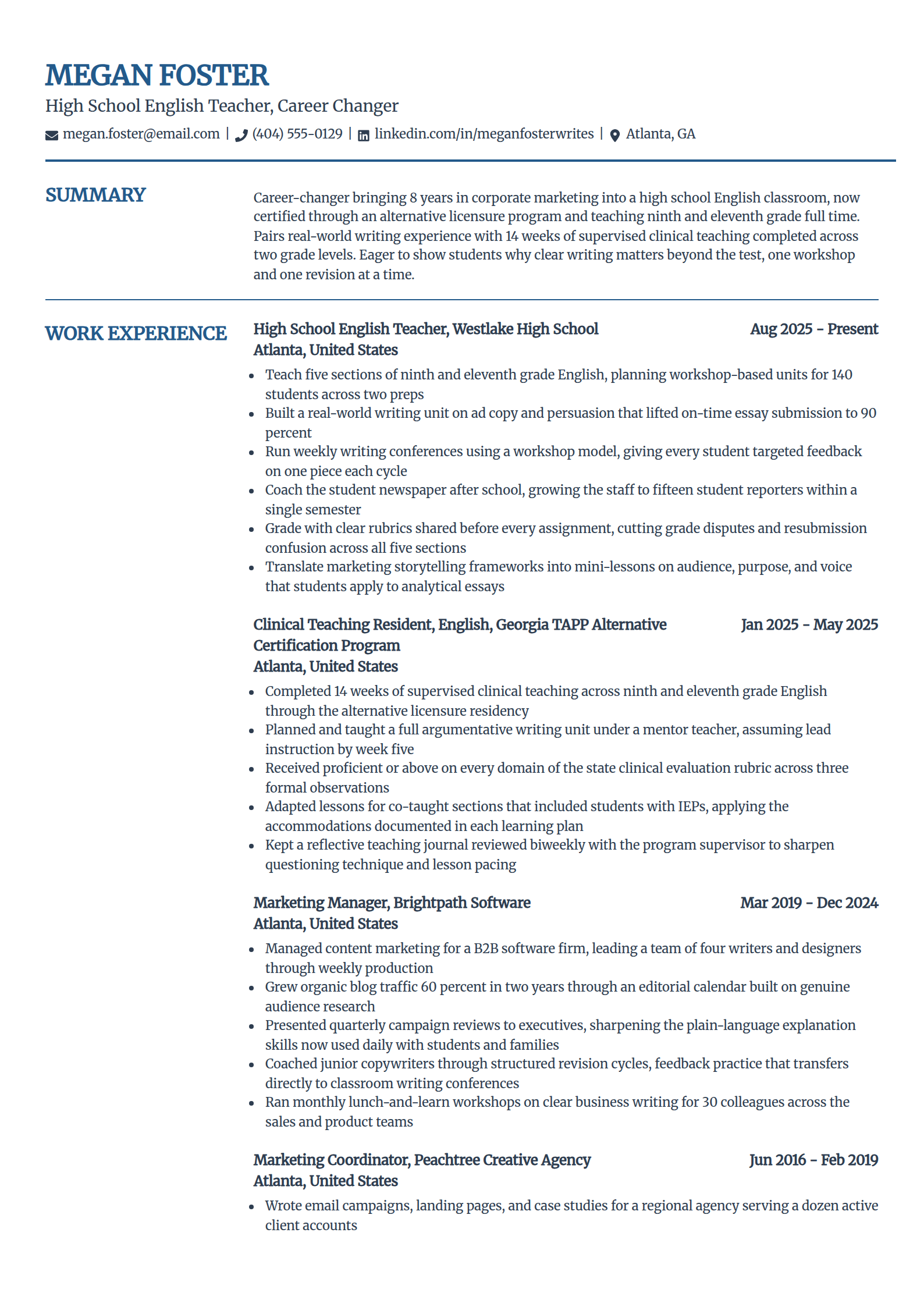 Career-change teacher resume example in the Craft template