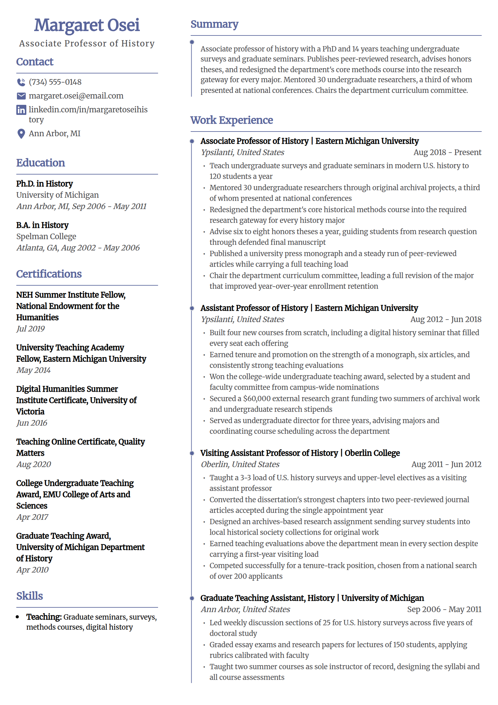 College professor lecturer resume example in the Sculpt template