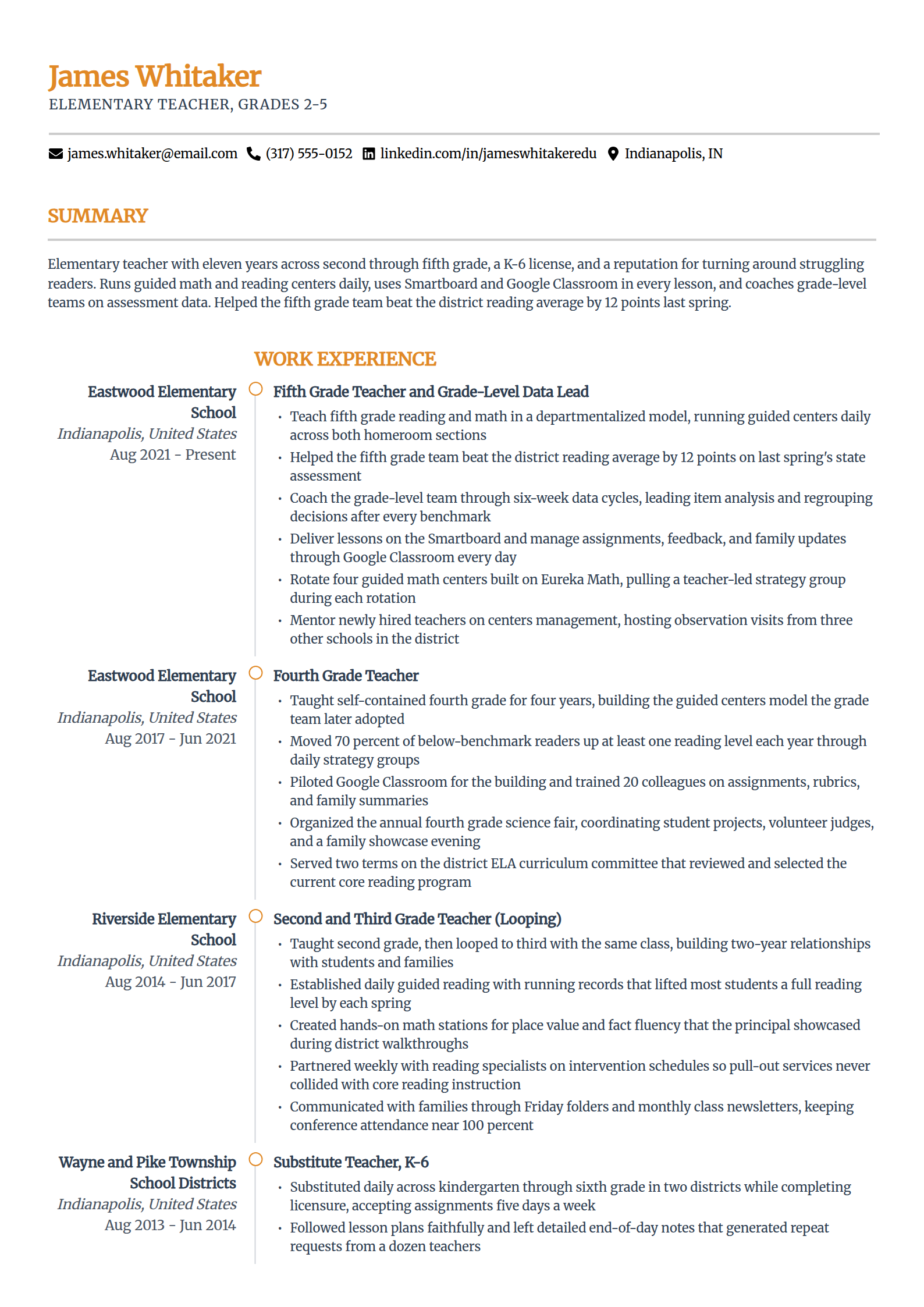 Elementary teacher resume example in the Zenith template