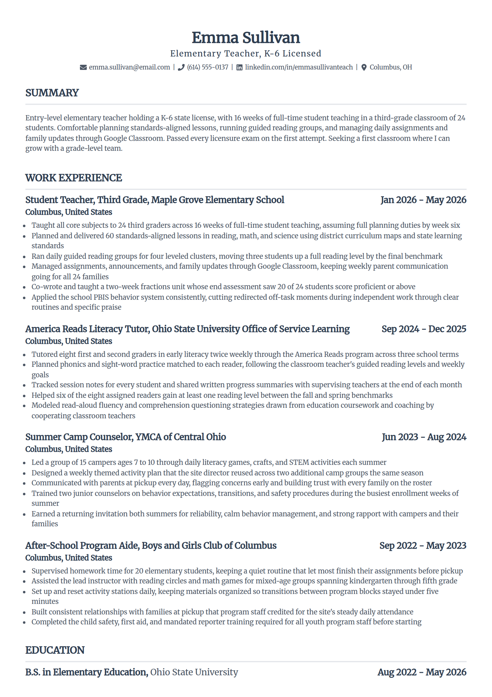 Entry-level teacher resume example in the Standard template