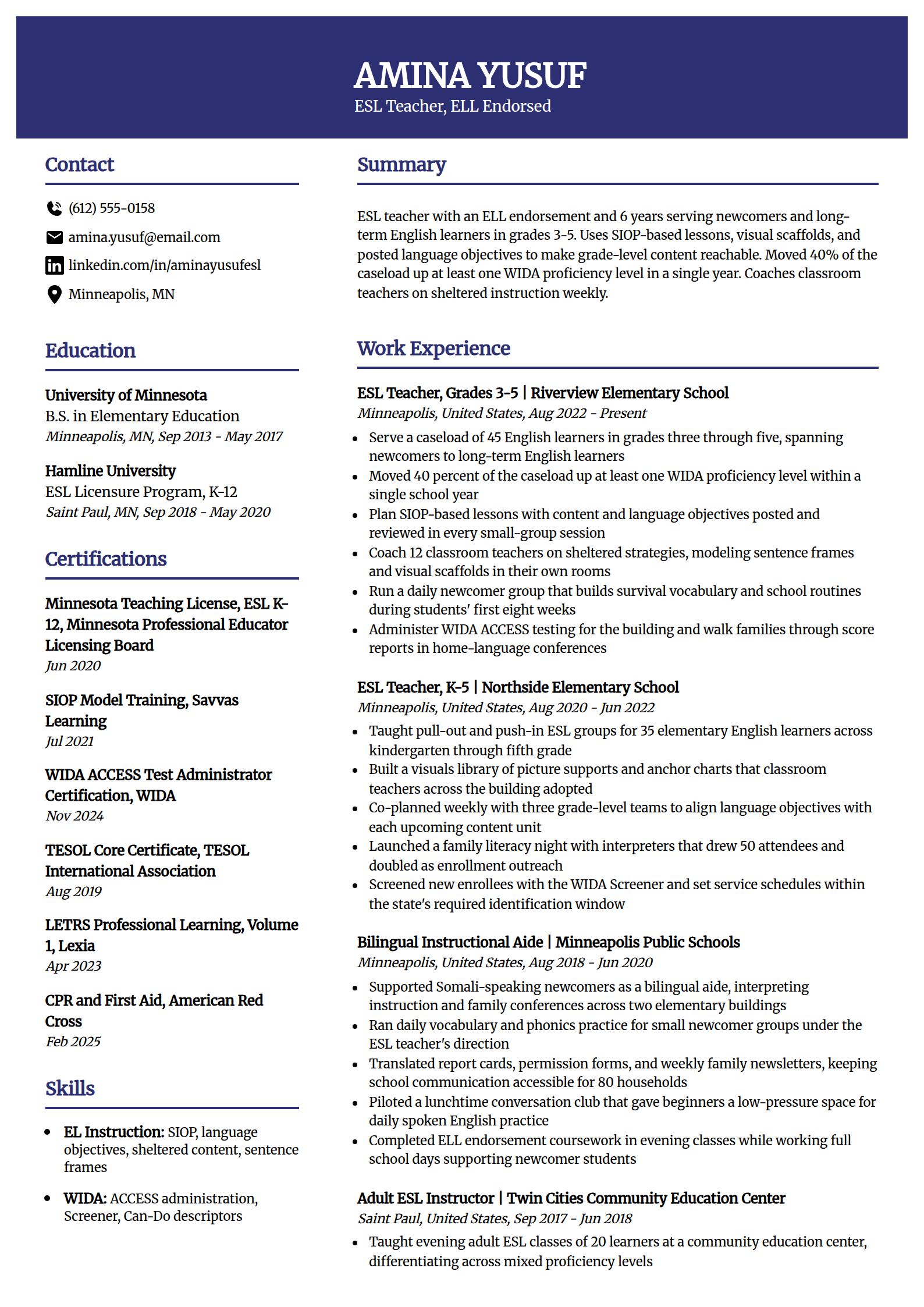 ESL teacher resume example in the Visionary template