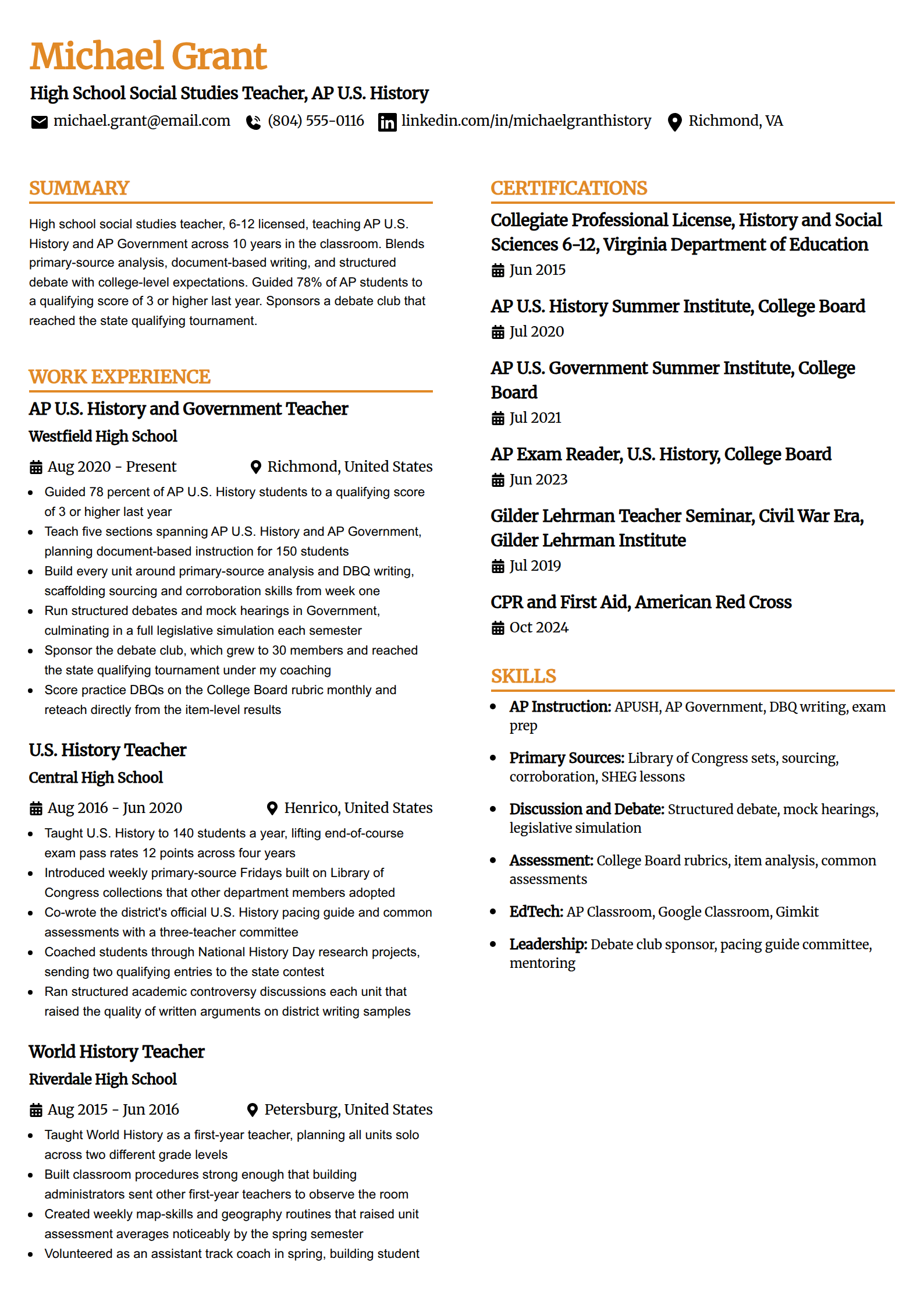 High school teacher resume example in the Professional Edge template