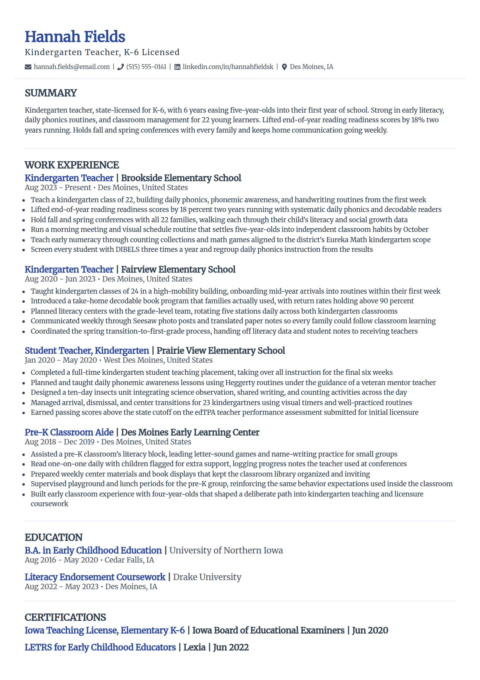 Kindergarten teacher resume example in the Elegant template