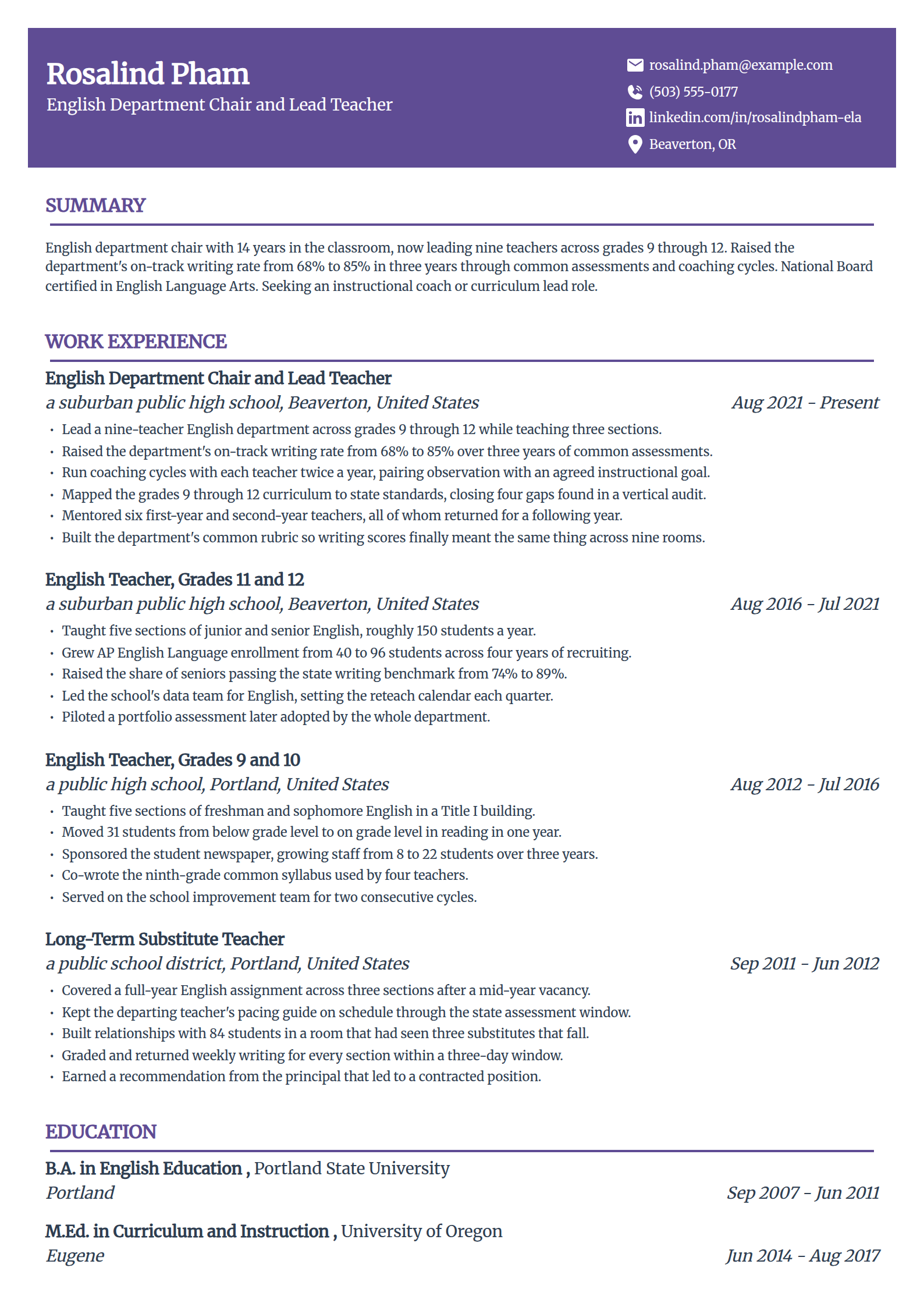 Lead teacher and department head resume example in the Panorama template