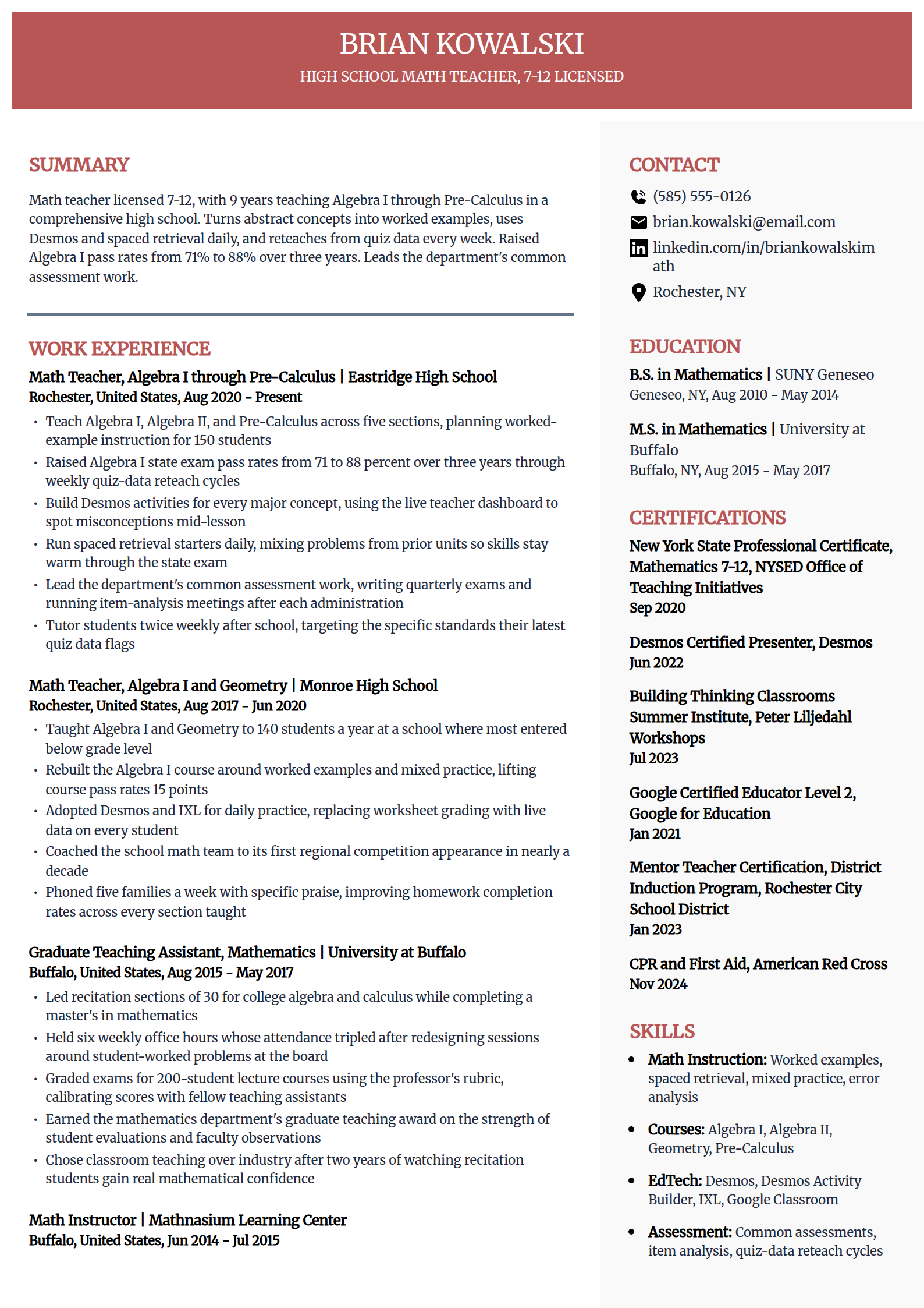 Math teacher resume example in the Executive template