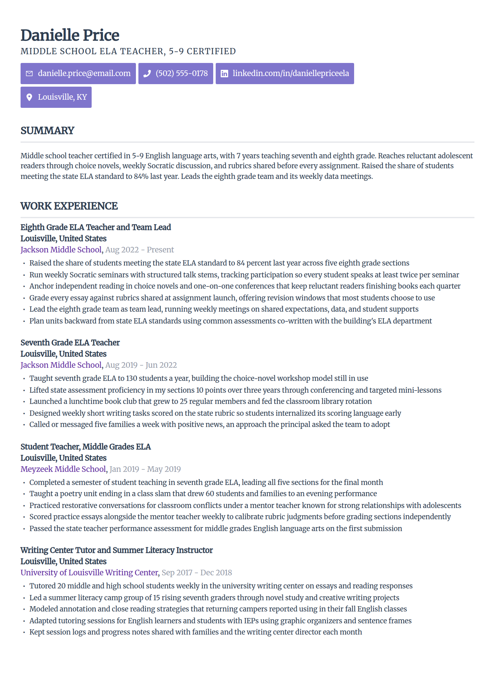 Middle school teacher resume example in the Sleek Framework template