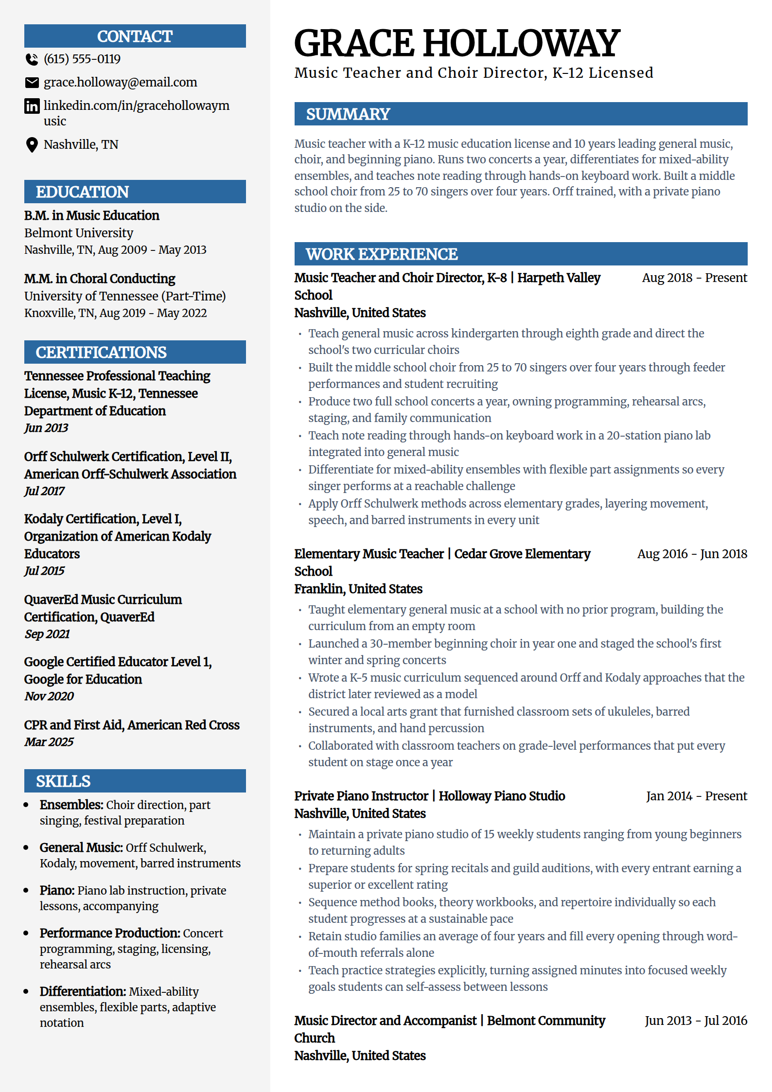 Music and piano teacher resume example in the Mosaic template