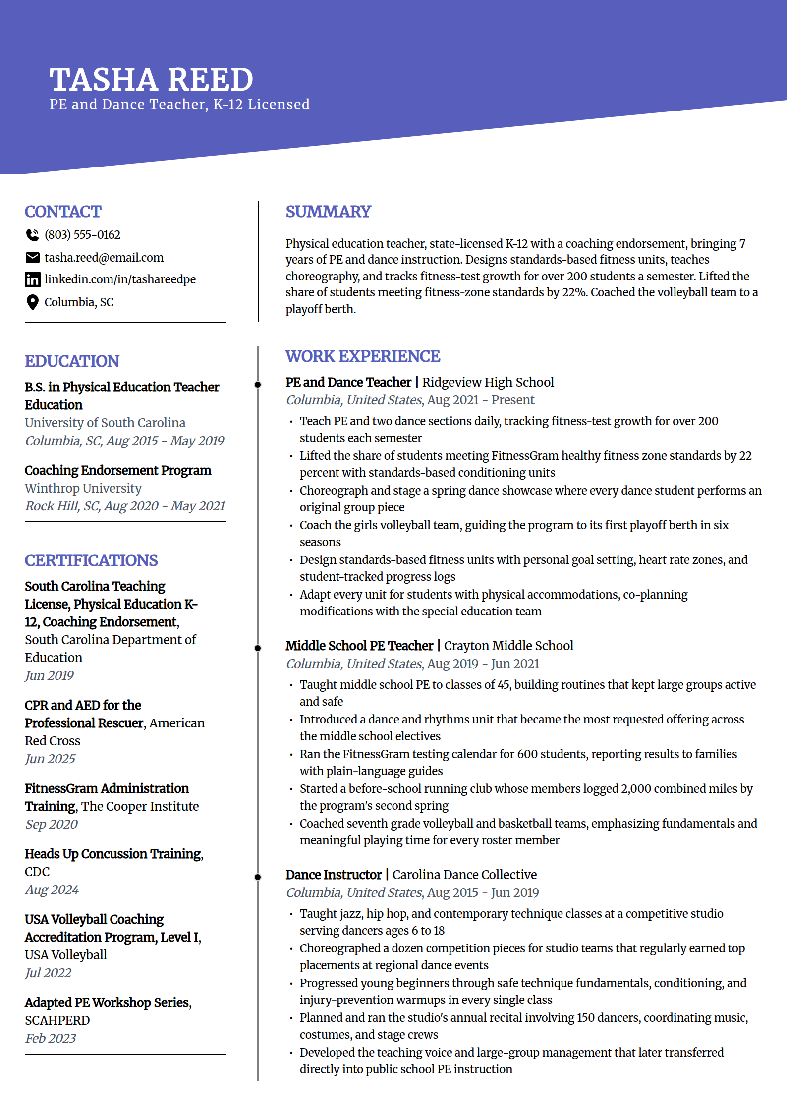 PE and dance teacher resume example in the Orbit template