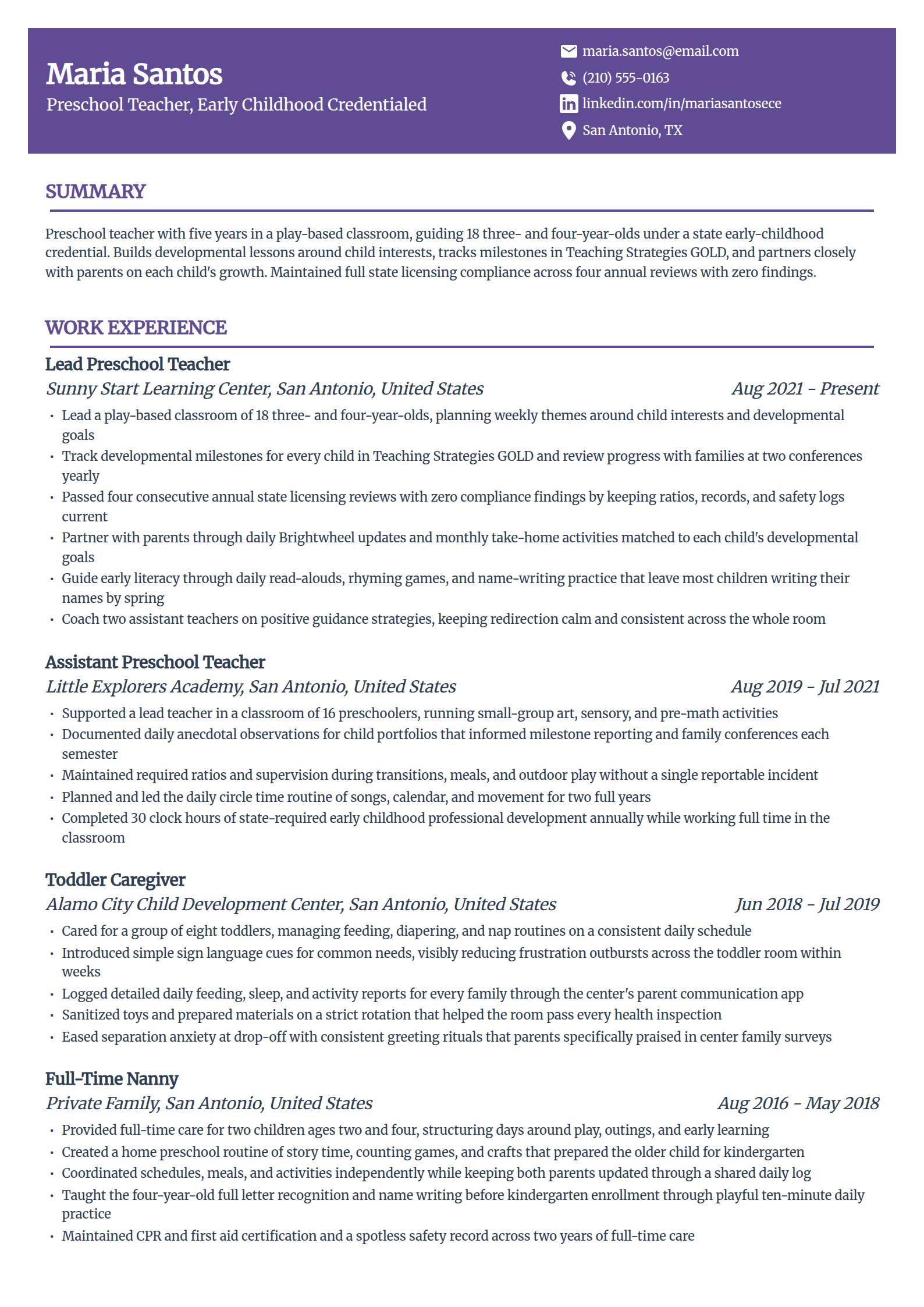 Preschool teacher resume example in the Panorama template