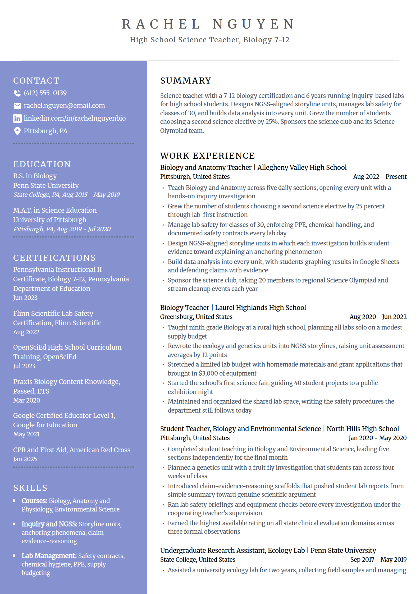Science teacher resume example in the Luminary template