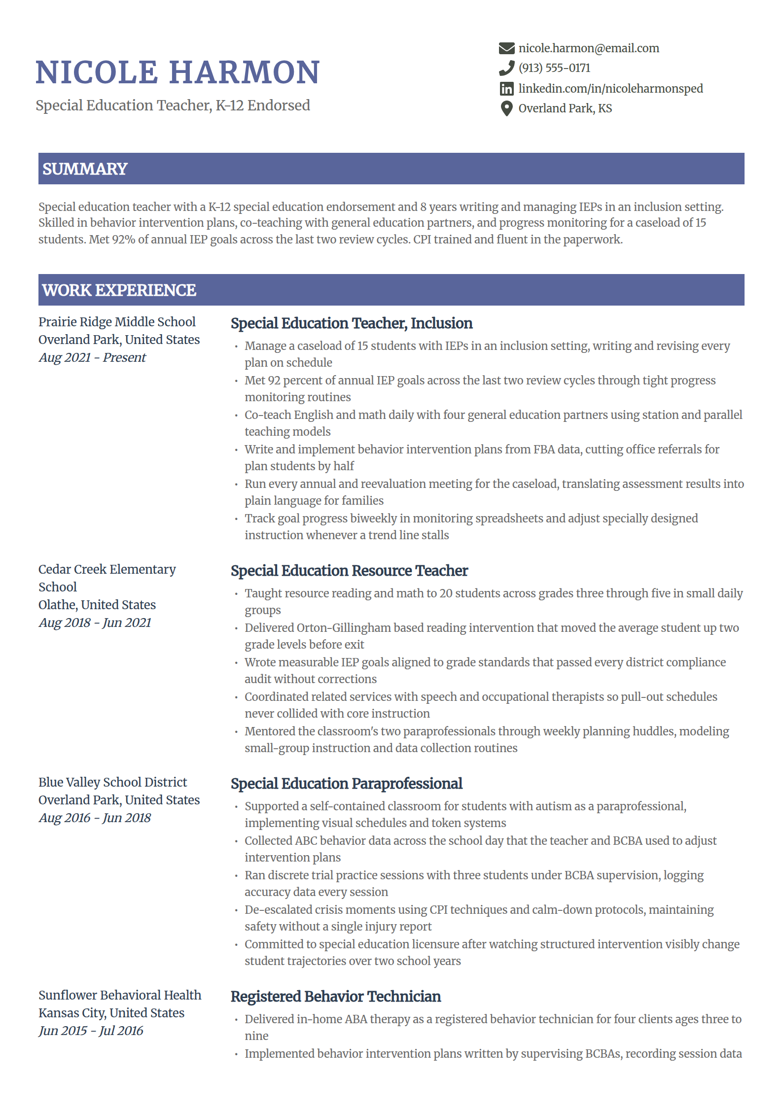 Special education teacher resume example in the Catalyst template