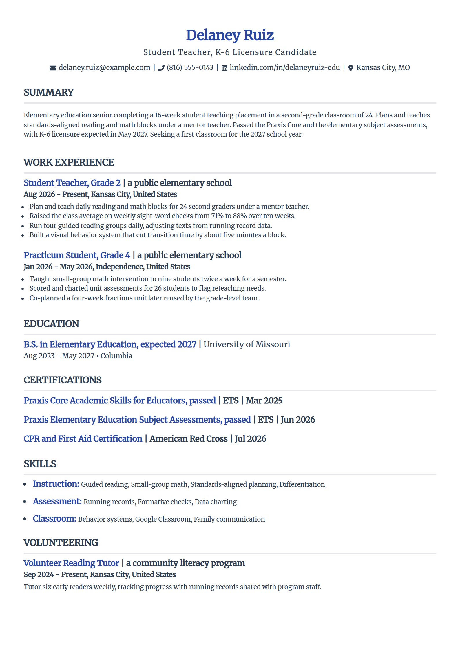Student teacher resume example in the Simple template