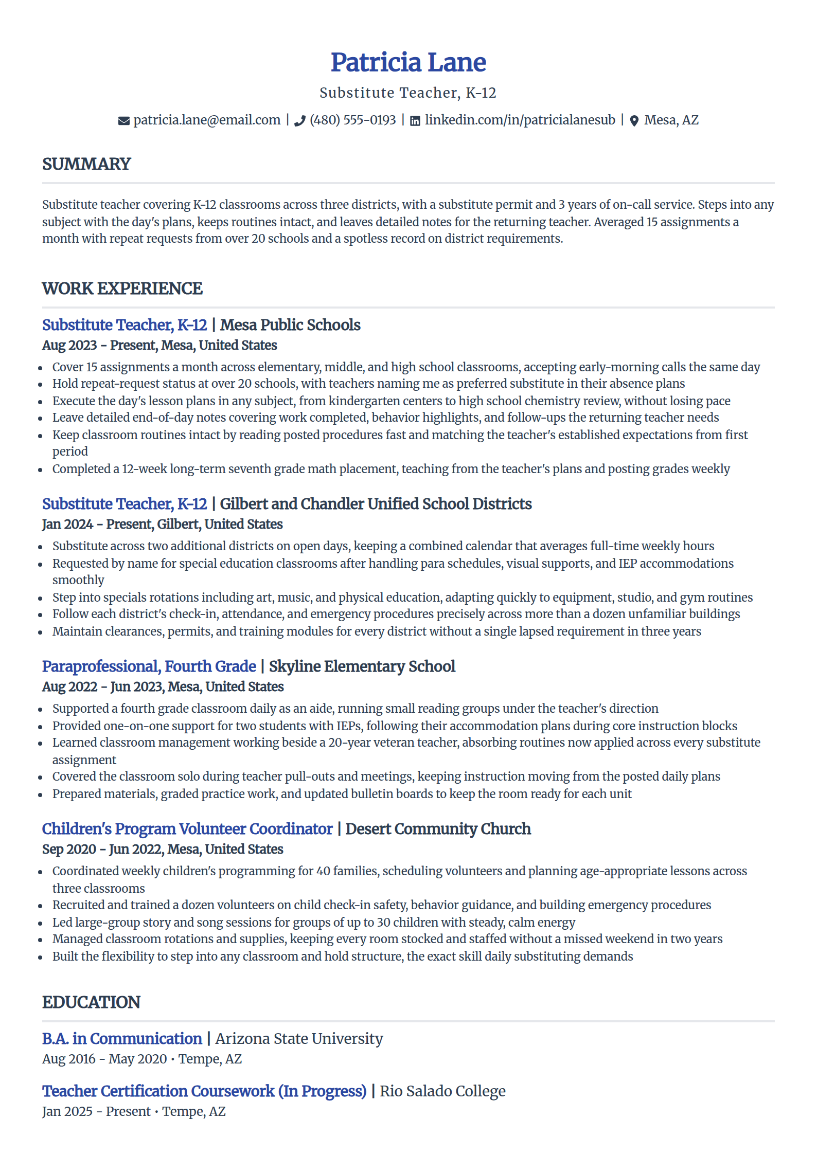 Substitute teacher resume example in the Simple template