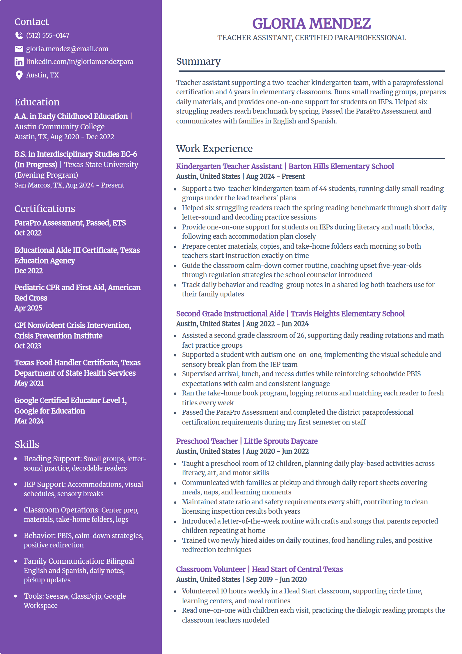 Teacher assistant paraprofessional resume example in the Pioneer template