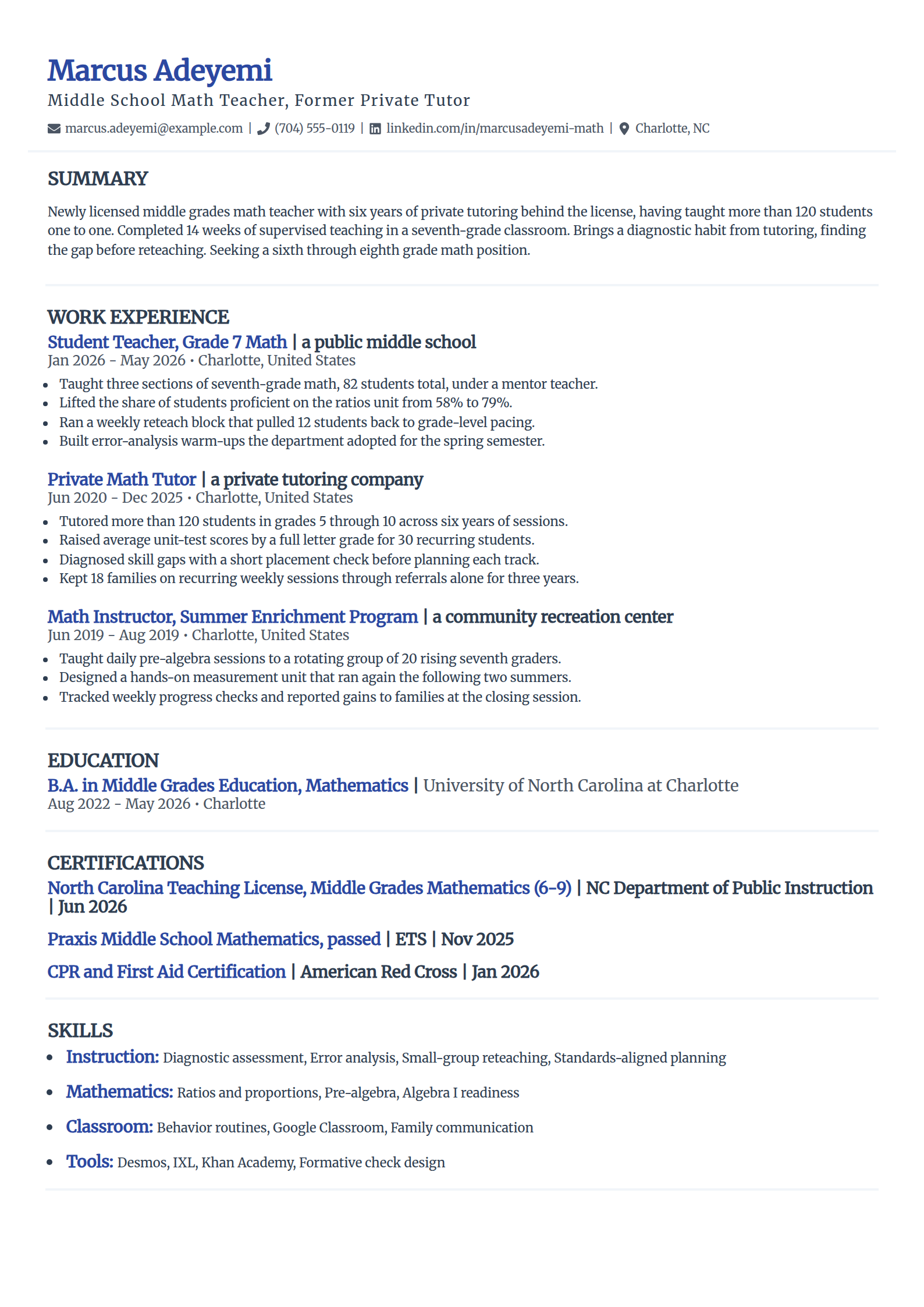 Tutor turned classroom teacher resume example in the Elegant template