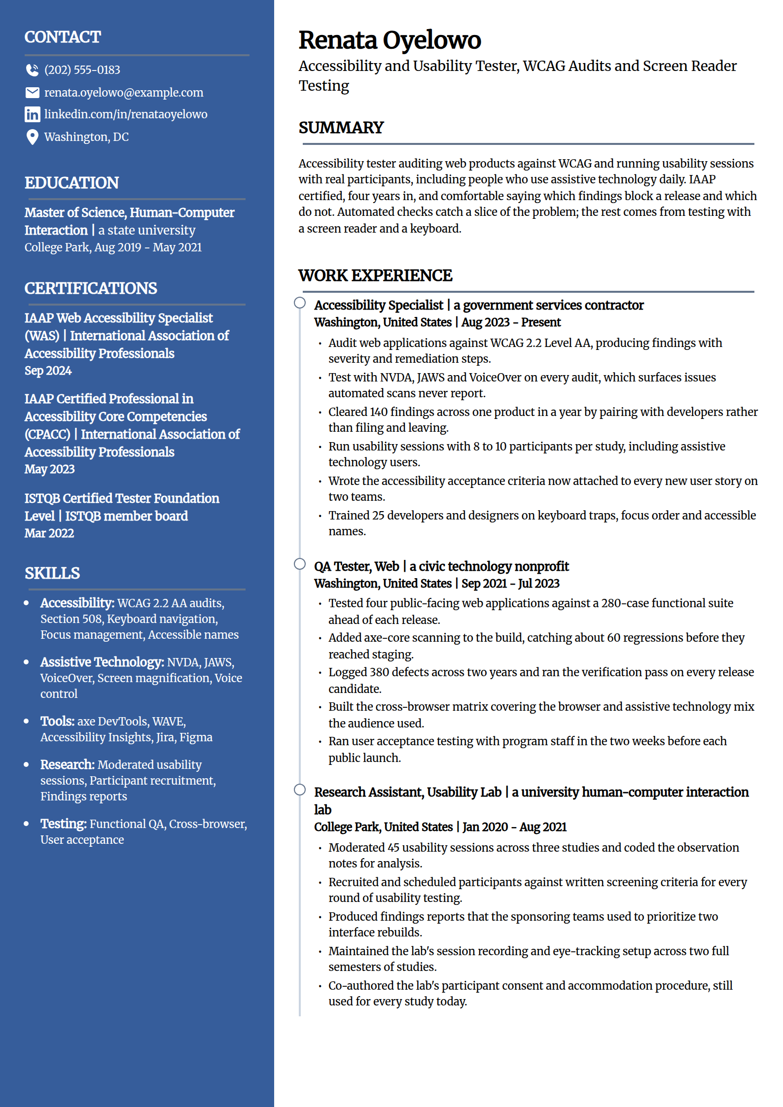 Accessibility and usability tester resume example in the Creative template