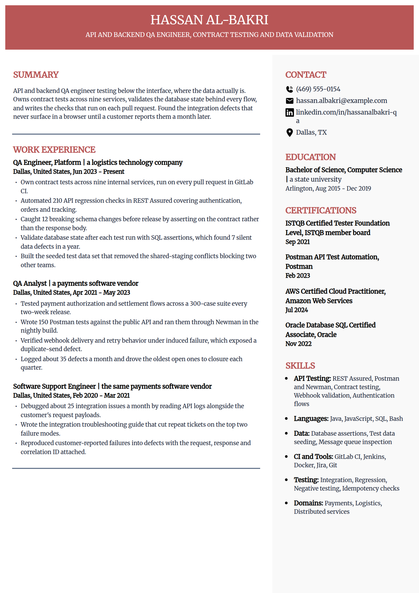 API and backend QA tester resume example in the Executive template