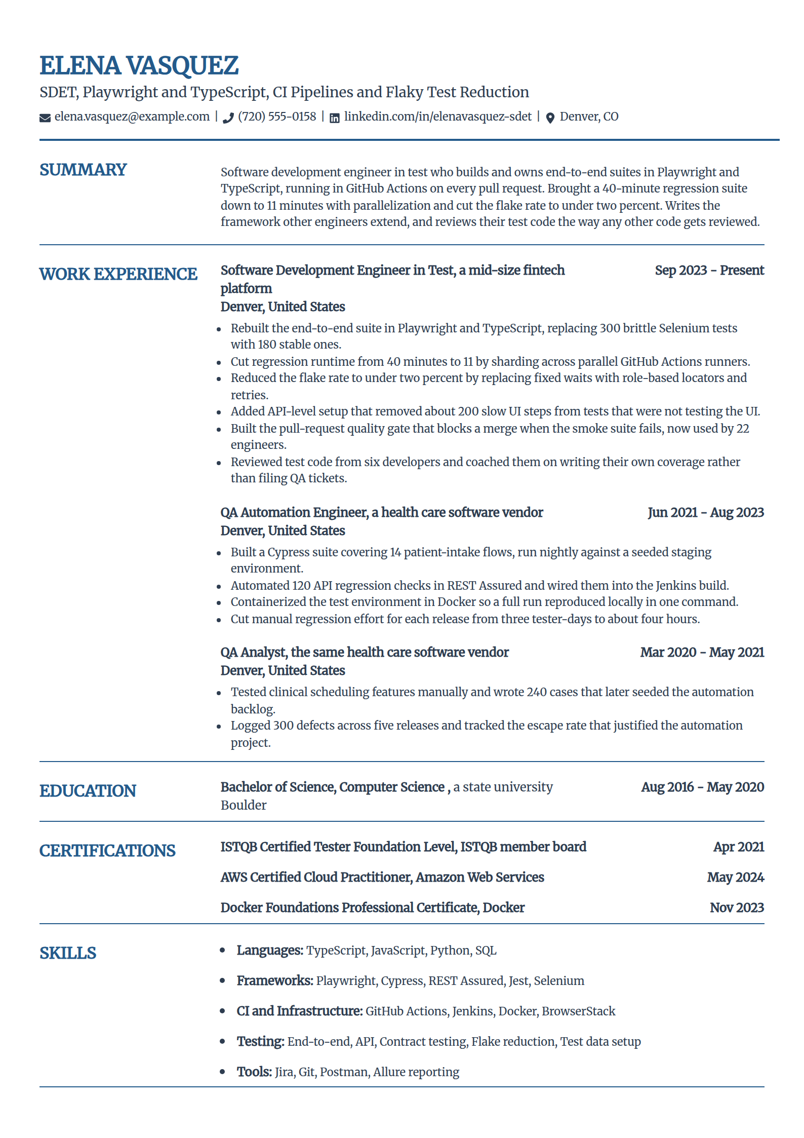 Automation tester and SDET resume example in the Craft template