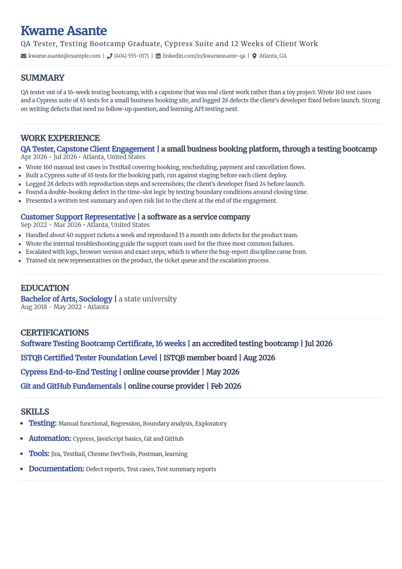 Bootcamp-trained QA tester resume example in the Elegant template