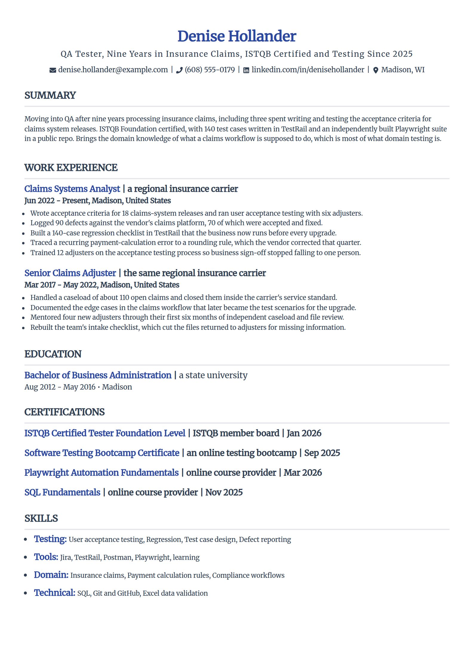 Career changer QA tester resume example moving from insurance claims, in the Simple template