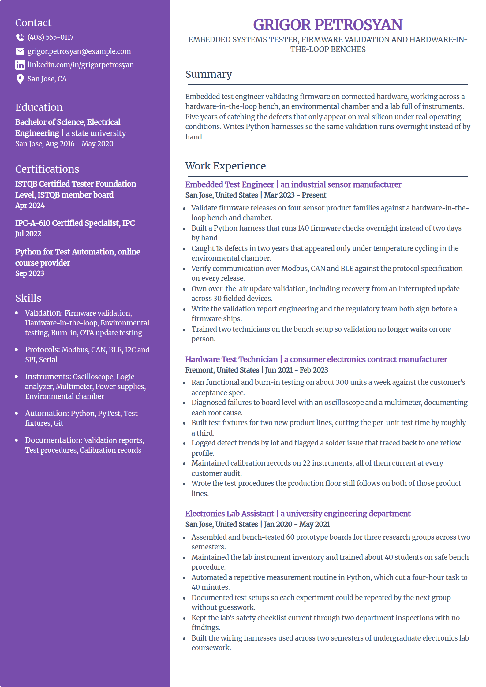 Hardware and embedded systems tester resume example in the Pioneer template