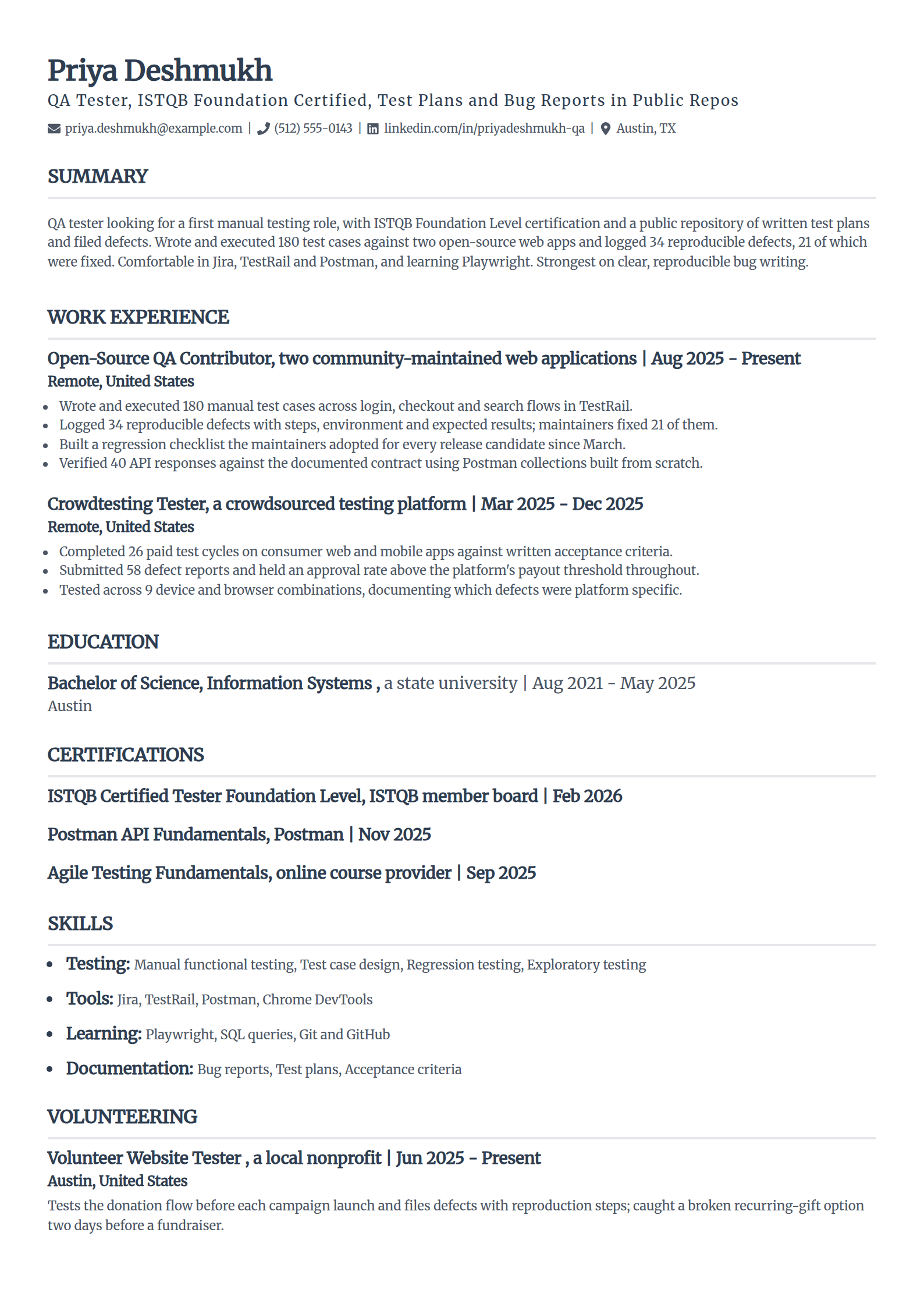 Entry-level QA tester resume example with no experience, in the Classic template