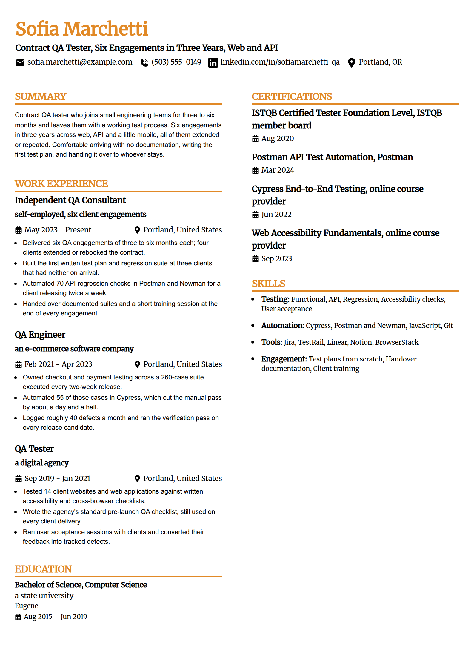 Freelance and contract QA tester resume example in the Professional Edge template