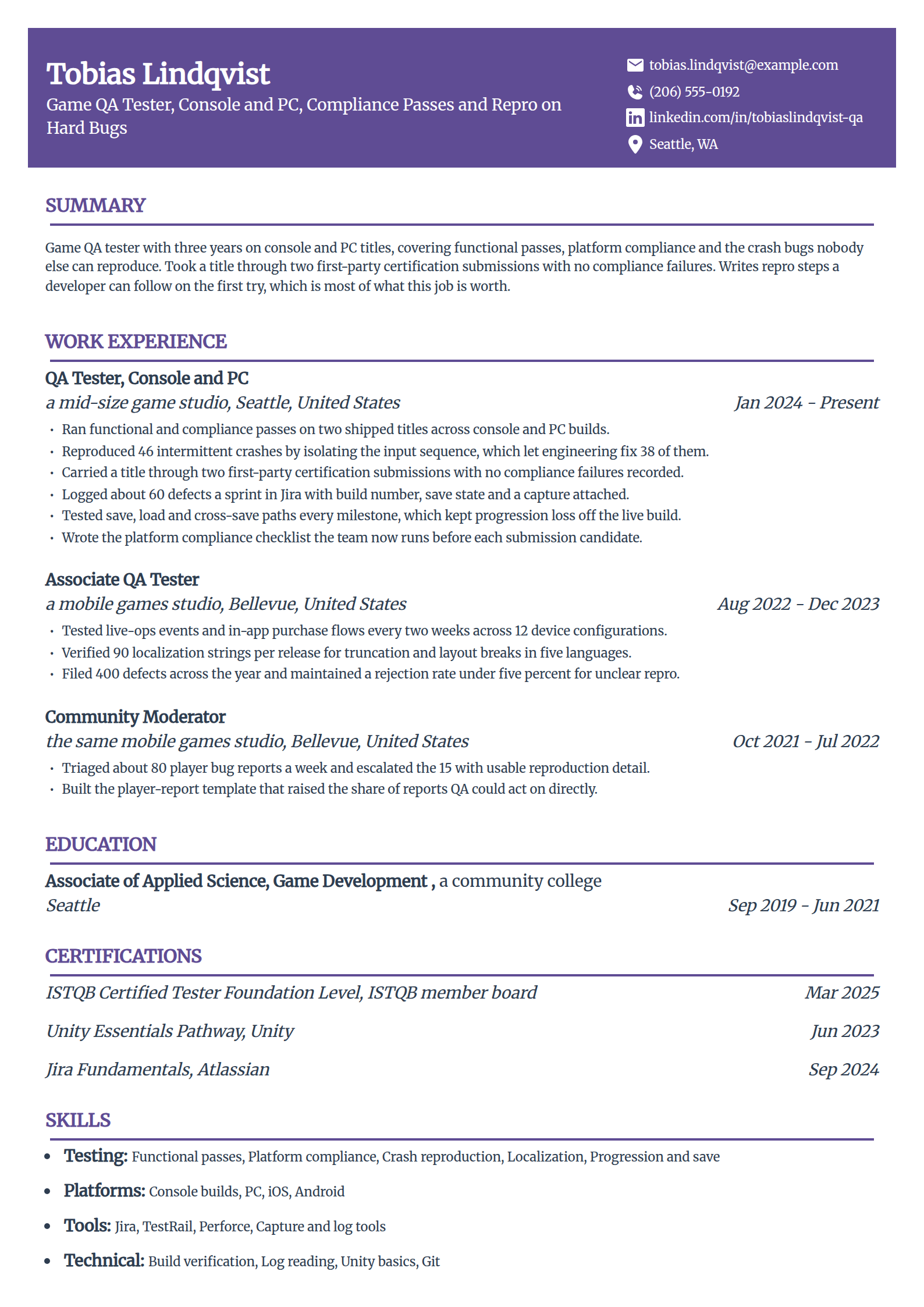 Game QA tester resume example for console and PC, in the Panorama template