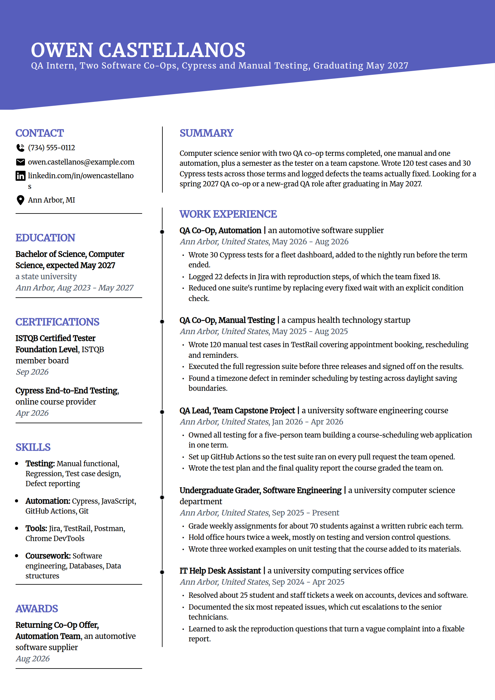 QA intern and co-op student resume example in the Orbit template
