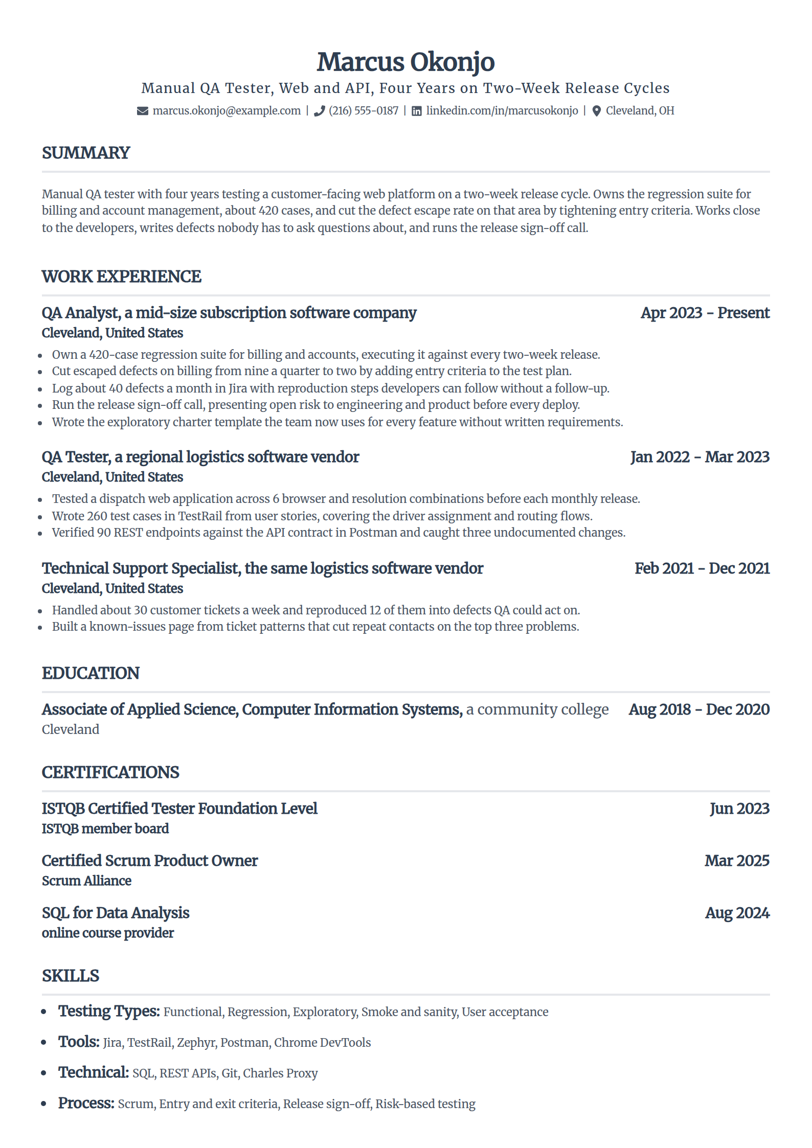 Manual QA tester resume example in the Standard template