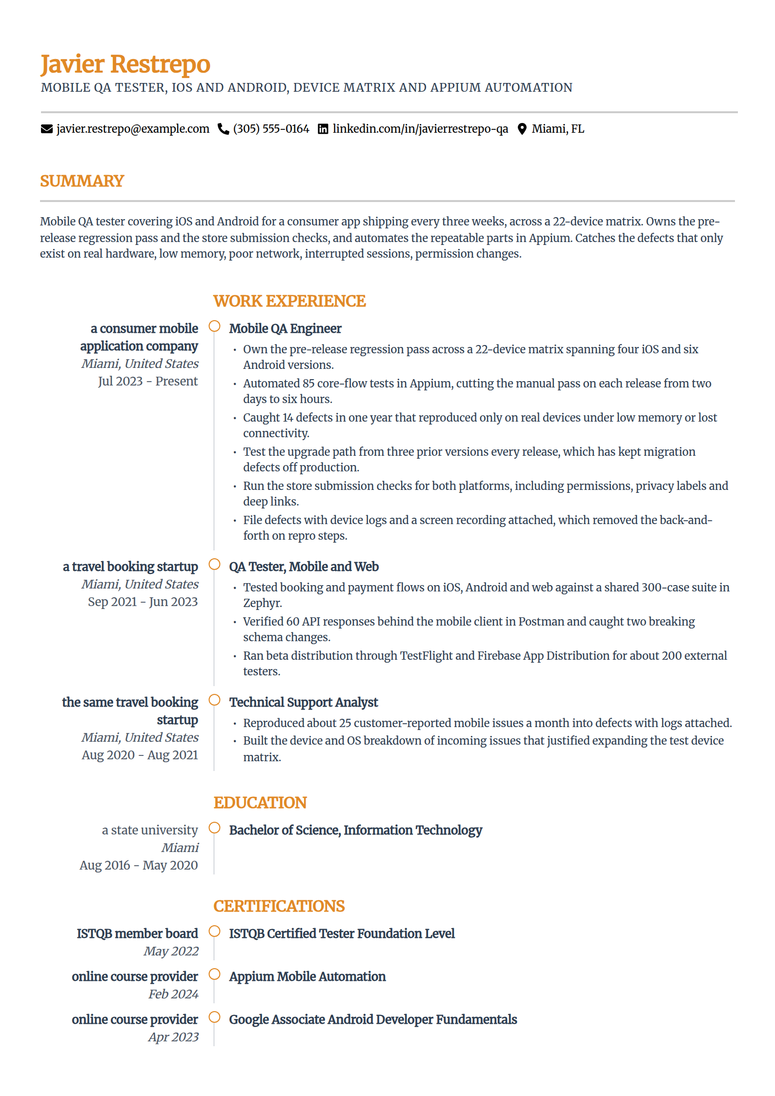 Mobile app QA tester resume example for iOS and Android, in the Zenith template