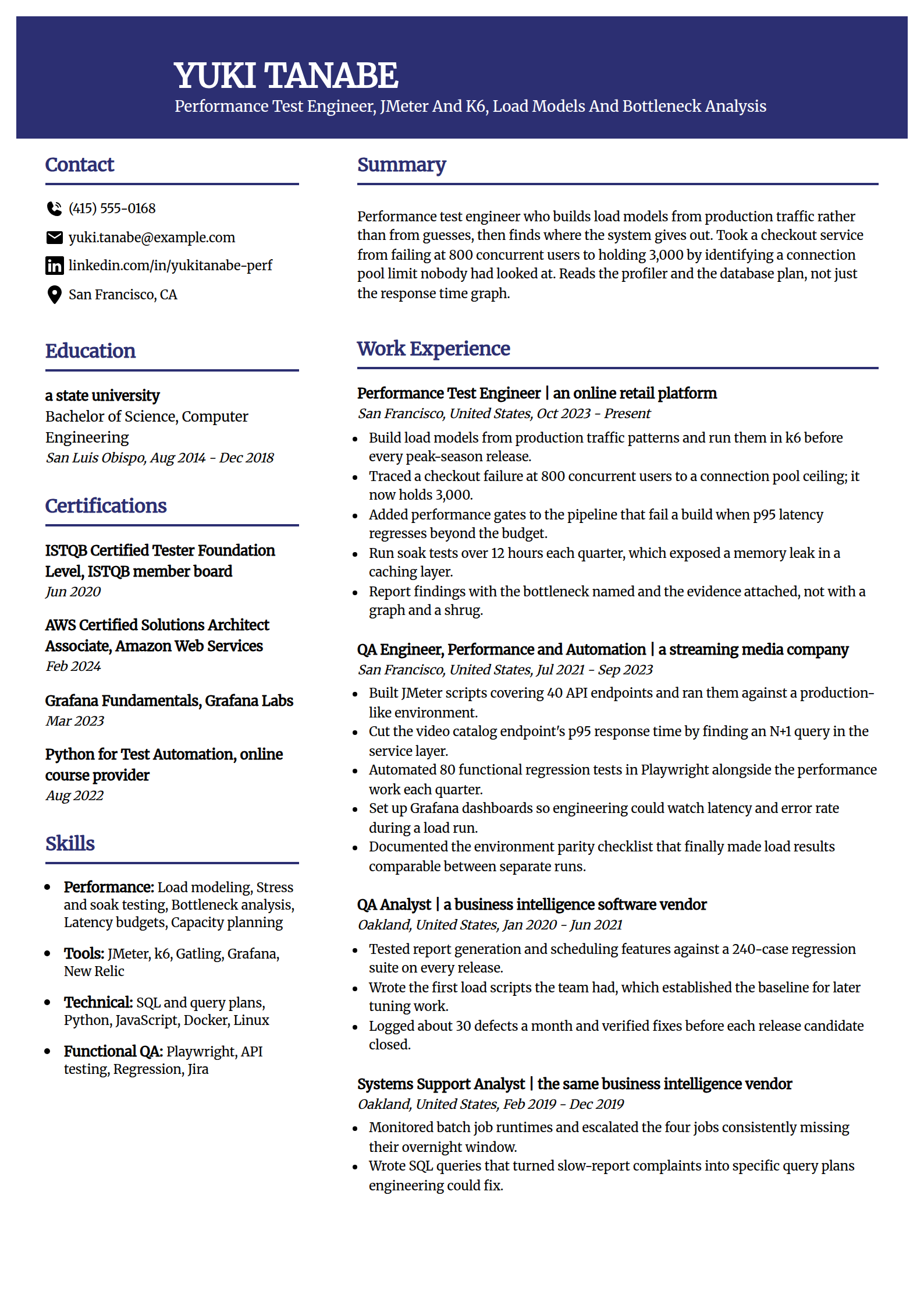Performance and load tester resume example in the Visionary template